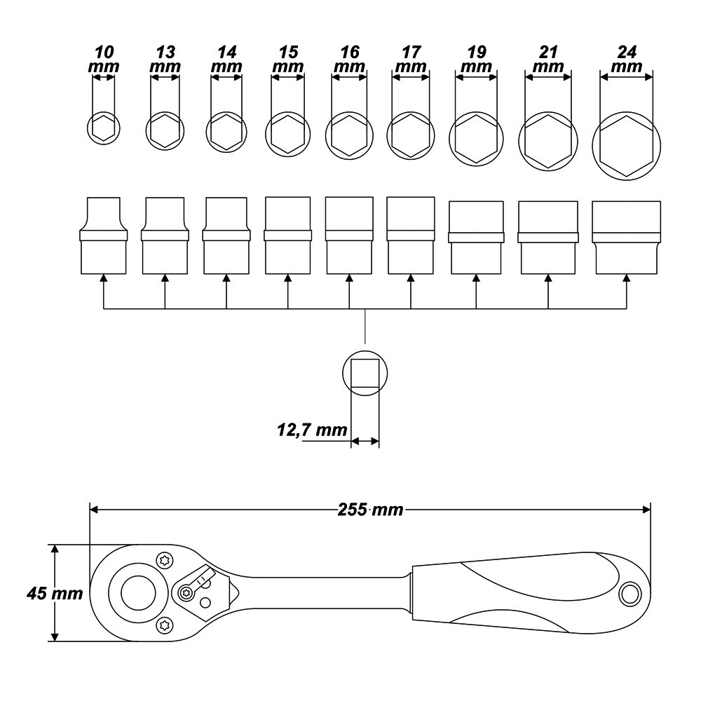 11 tgl. Steckschlüssel Satz 1/2" Bitsatz Stecknuss Bits Einsätze Knarre Ratsche