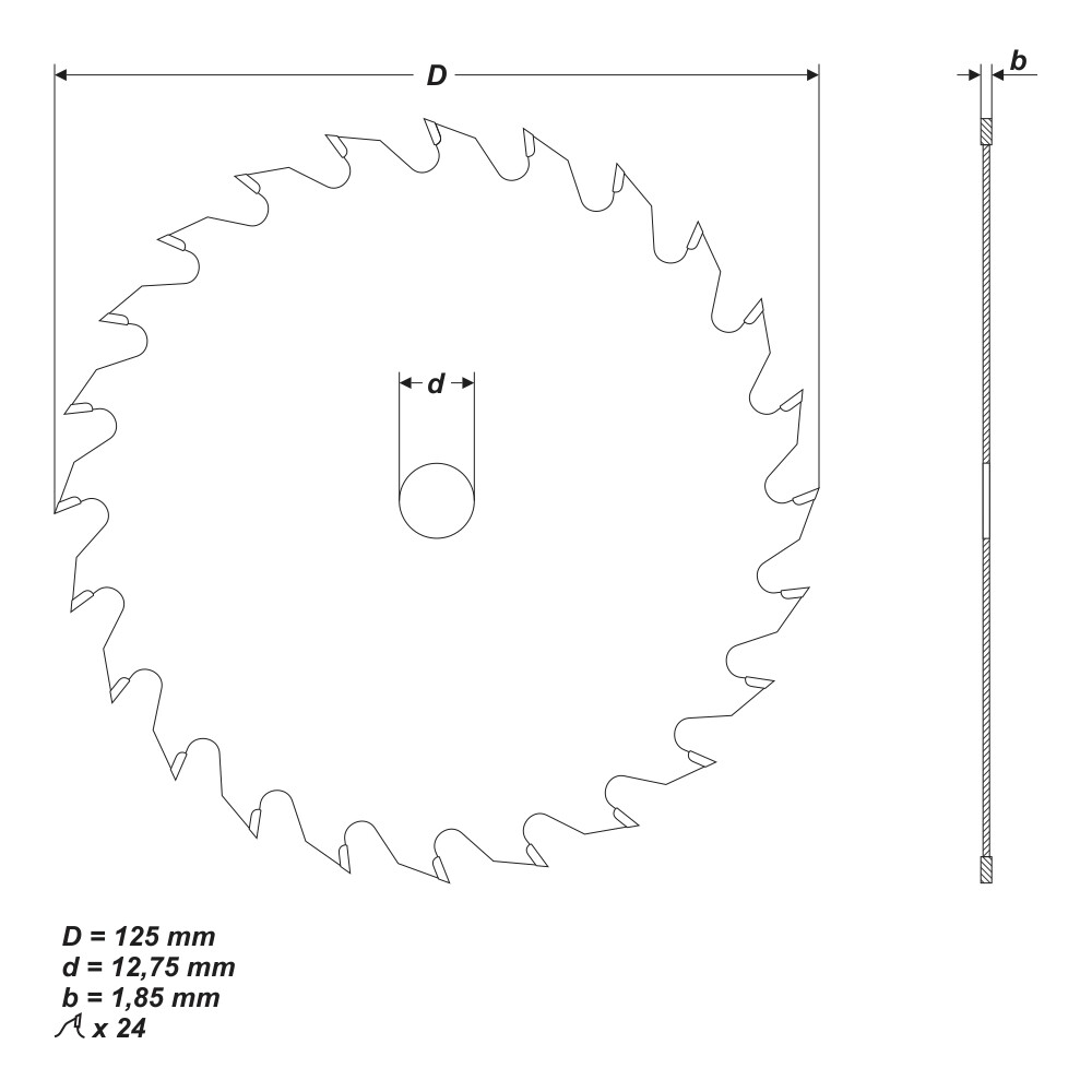 HM Kreissägeblatt Ø 125 x 12,75 mm 24 Zähne Sägeblatt für Hartholz Spannplatte