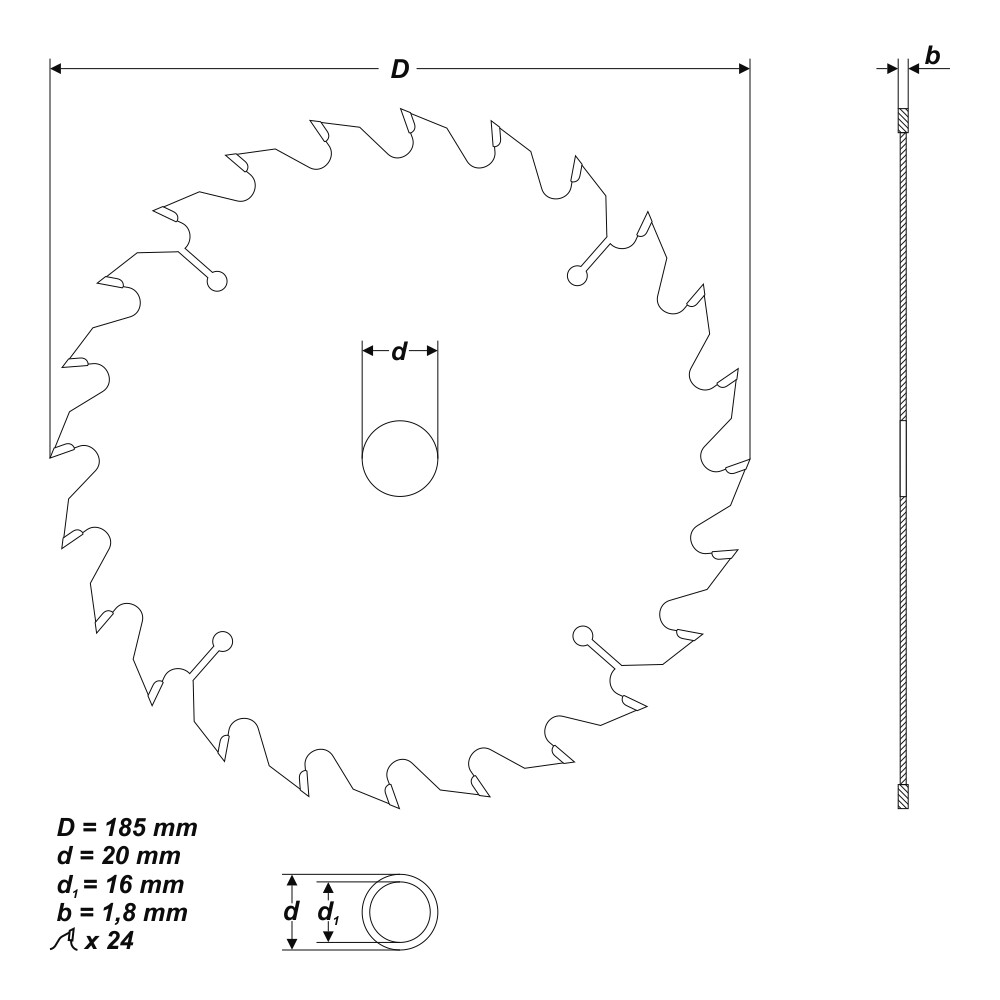 HM Kreissägeblatt Ø 185 x 20 / 16 mm 24 Zähne Sägeblatt für Hartholz Spannplatte