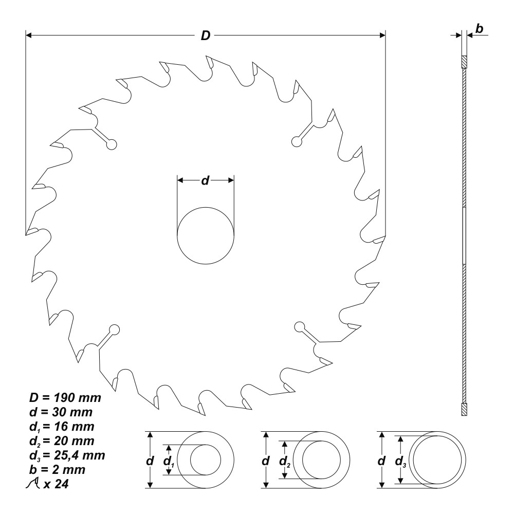 HM Kreissägeblatt Ø 190 x 30 / 25,4 / 20 / 16 mm 24 Zähne Sägeblatt für Holz