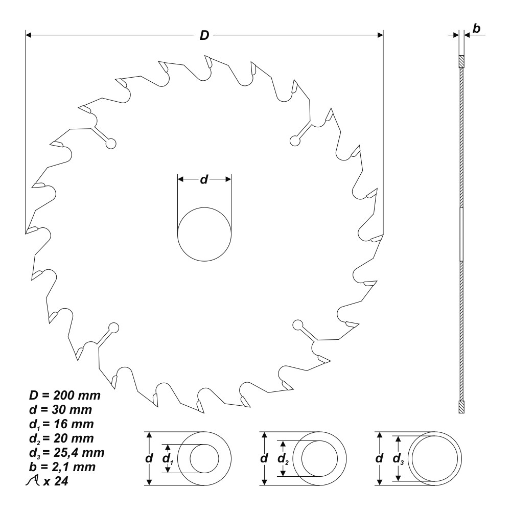 HM Kreissägeblatt Ø 200 x 30 / 25,4 / 20 / 16 mm 24 Zähne Sägeblatt für Holz