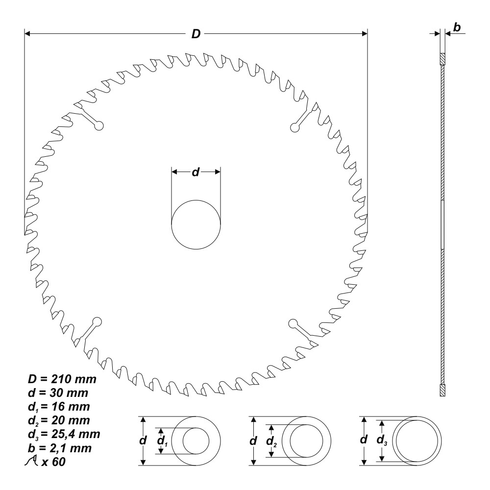 HM Kreissägeblatt Ø 210 x 30 / 25,4 / 20 / 16 mm 60 Zähne Sägeblatt für Holz Alu