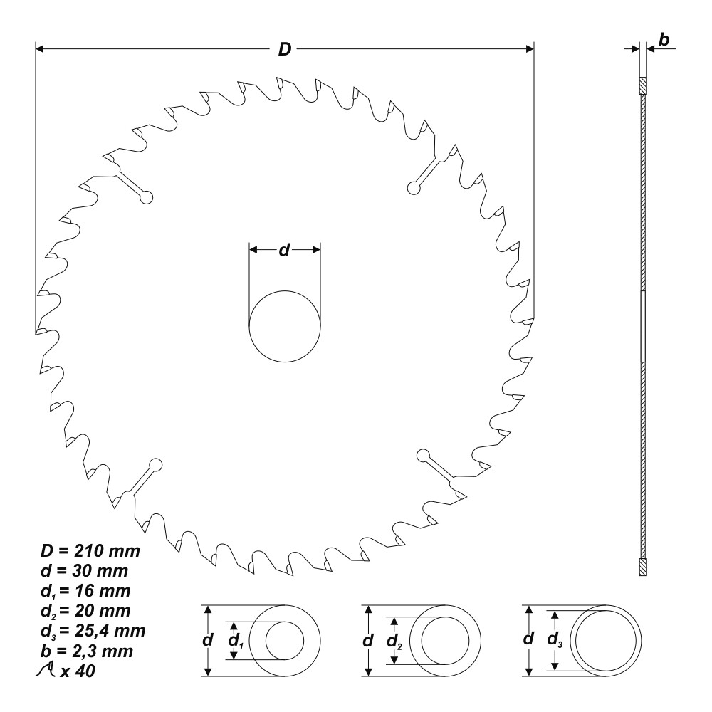 HM Kreissägeblatt Ø 210 x 30 / 25,4 / 20 / 16 mm 40 Zähne Sägeblatt für Holz