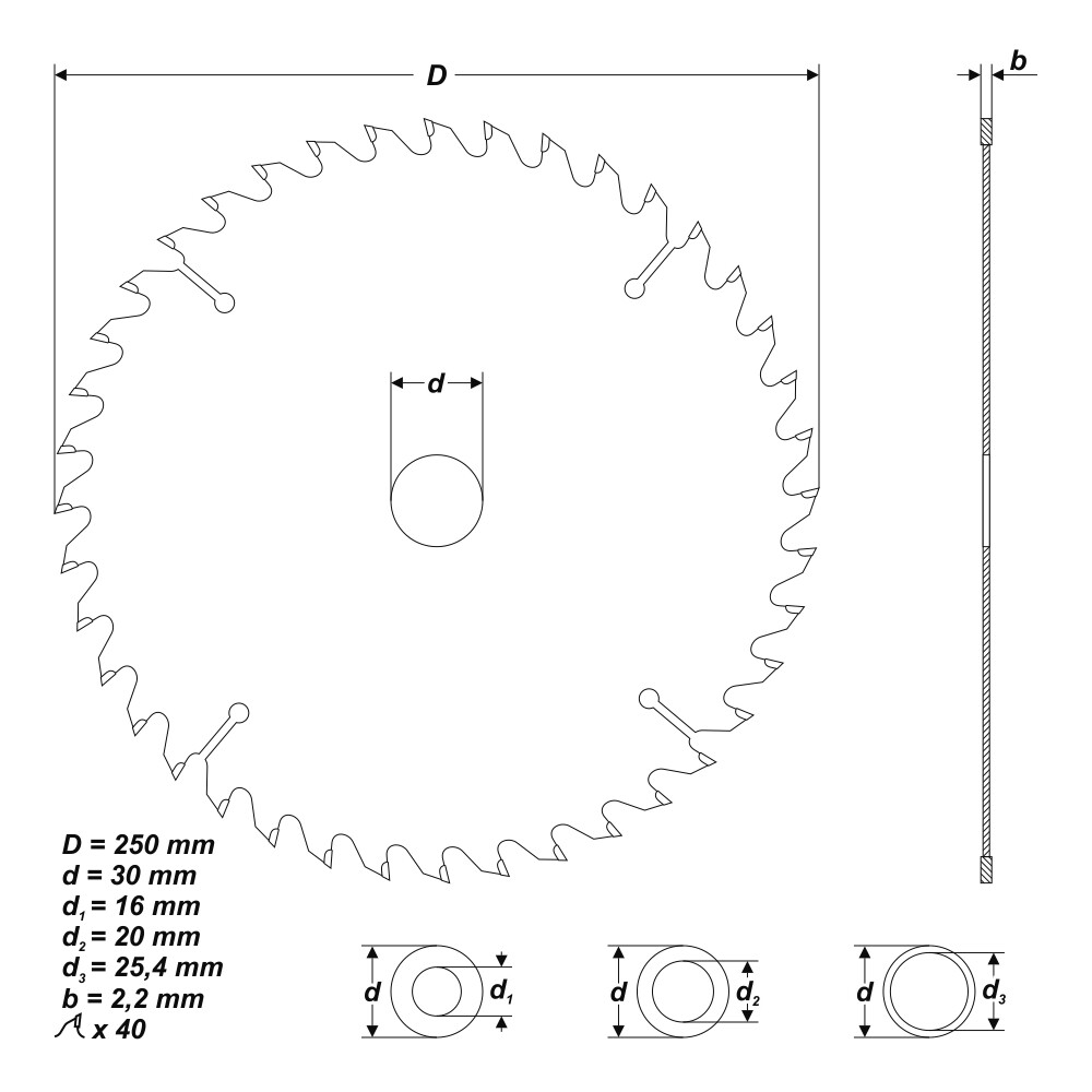 HM Kreissägeblatt Ø 250 x 30 / 25,4 / 20 / 16 mm 40 Zähne Sägeblatt für Holz