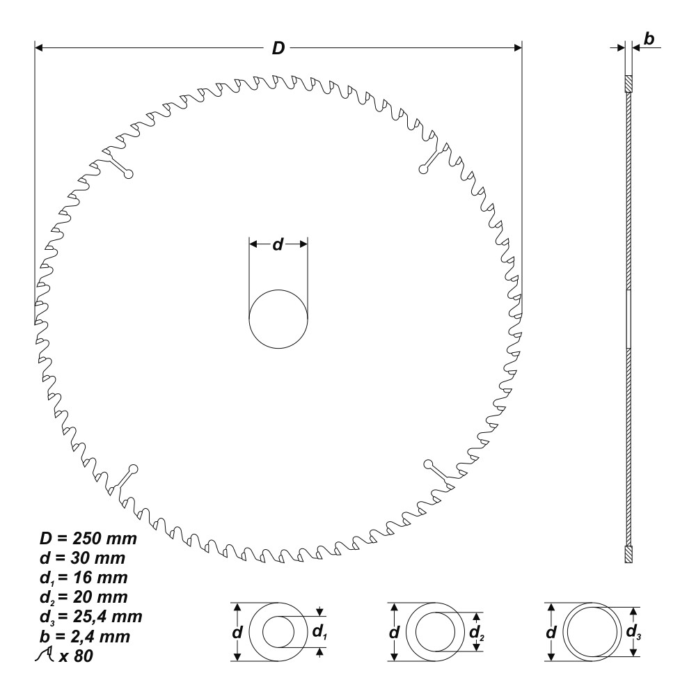 HM Kreissägeblatt Sägeblatt Ø 250 x 30/20 mm, 80 Zähne für Alu Holz Plexiglas