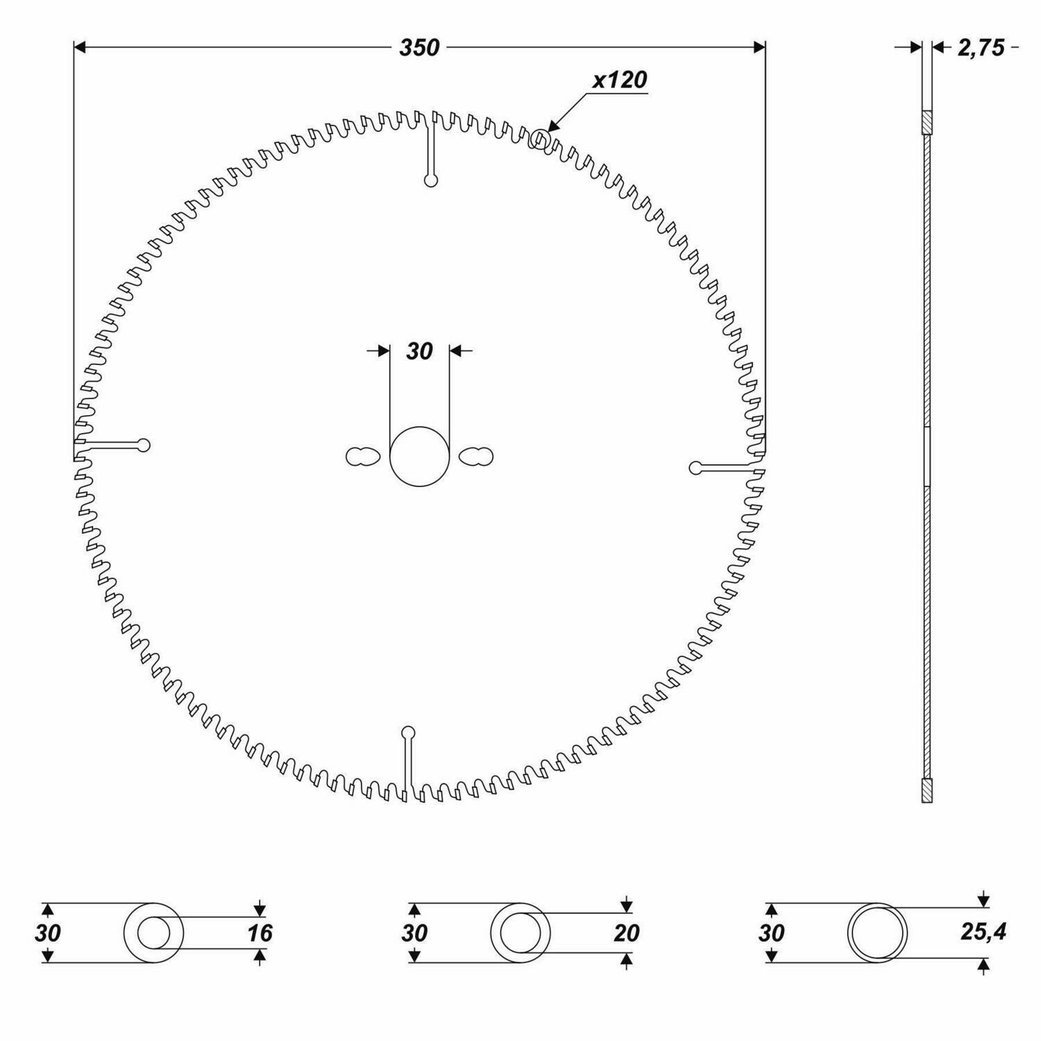 HM Kreissägeblatt Ø 350 x 30 / 25,4 / 20 / 16 mm 120 Zähne Sägeblatt Holz Alu