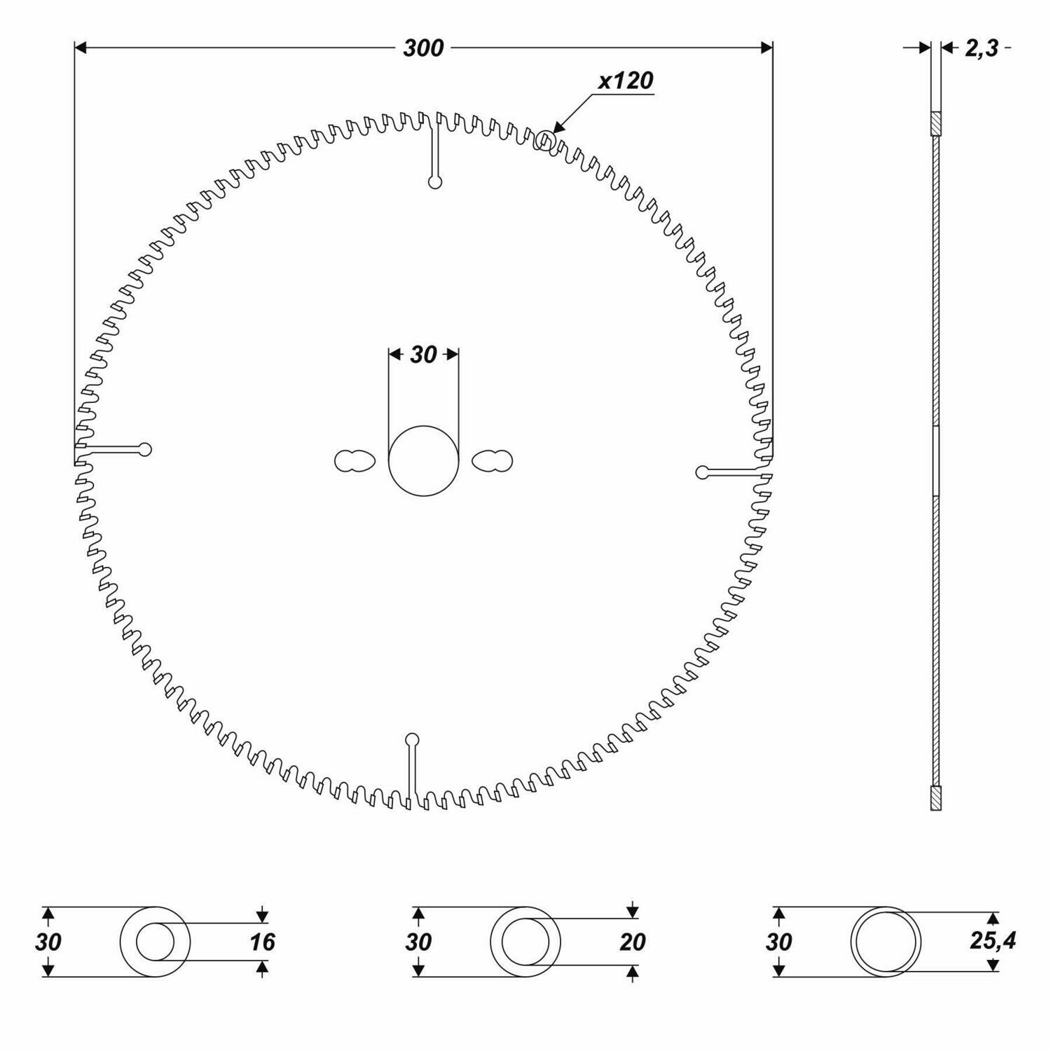 HM Kreissägeblatt Ø 300 x 30 / 25,4 / 20 / 16 mm 120 Zähne Sägeblatt Holz Alu