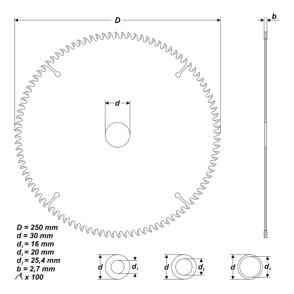 HM Kreissägeblatt Ø 250 x 30 / 25,4 / 20 / 16mm 100 Zähne Sägeblatt für Holz Alu