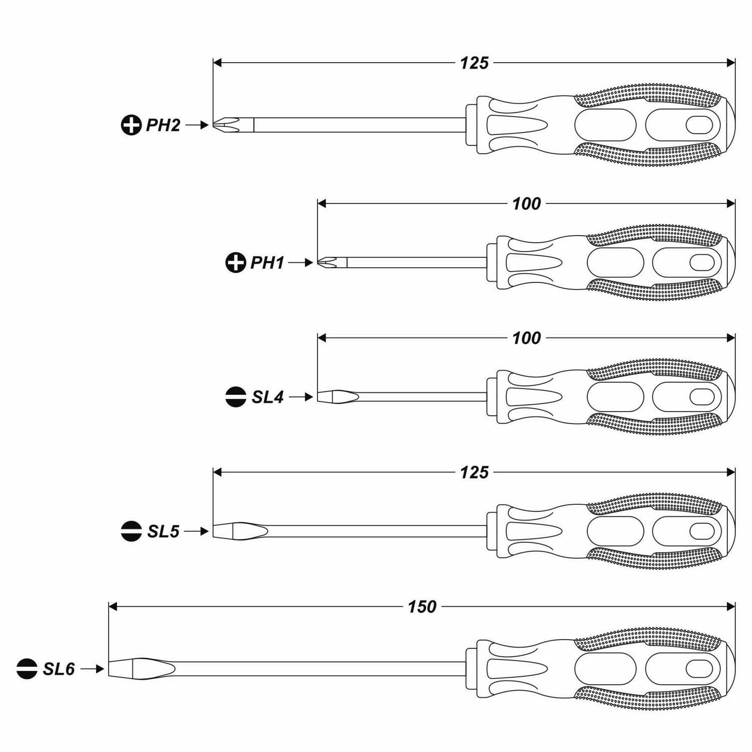 5 tgl. CrV Schraubendreher Satz Set PH1 PH2 Schlitz Cr-V KfZ Werkzeug