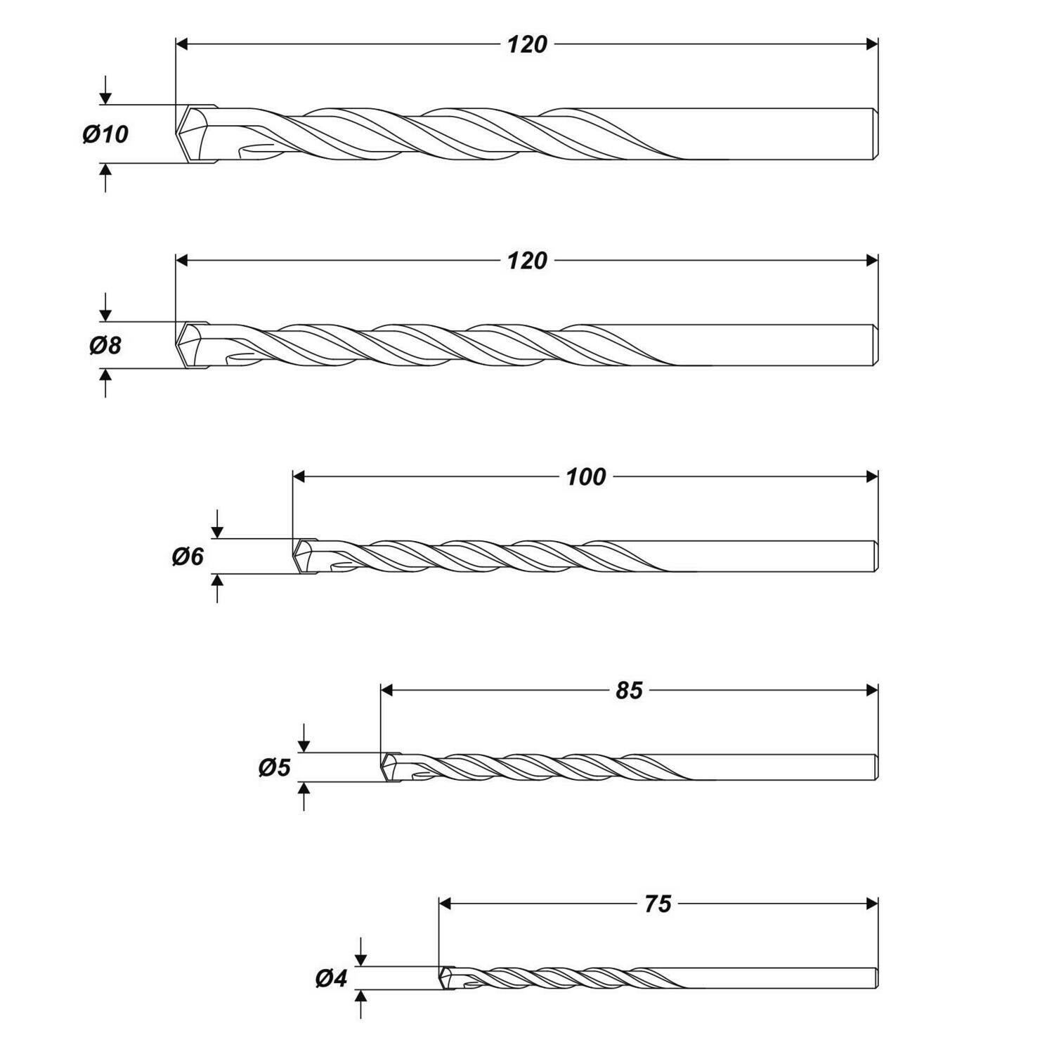 Profi Betonbohrer Satz 5 tgl. Ø 4 - 5 - 6 - 8 - 10 mm