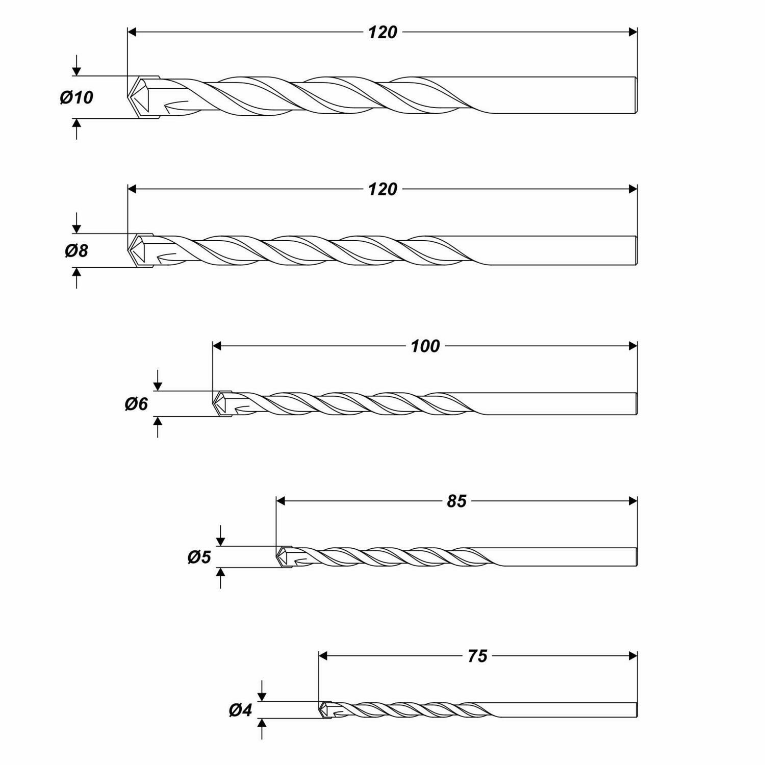 Fliesen Betonbohrer Satz 5 tgl. Ø 4 - 5 - 6 - 8 - 10 mm