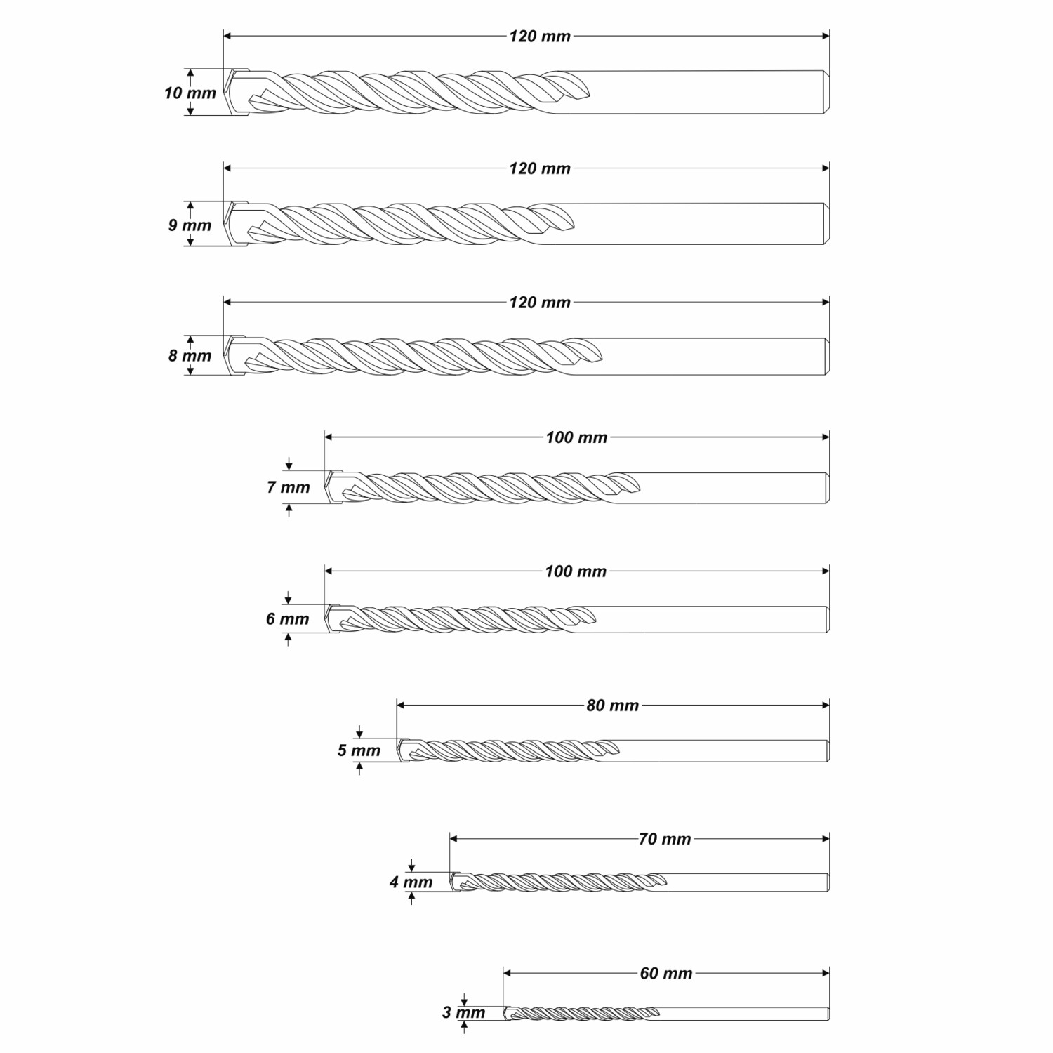 Betonbohrer Satz 8 tlg. Ø 3 - 4 - 5 - 6 - 7 - 8 - 9 - 10 mm