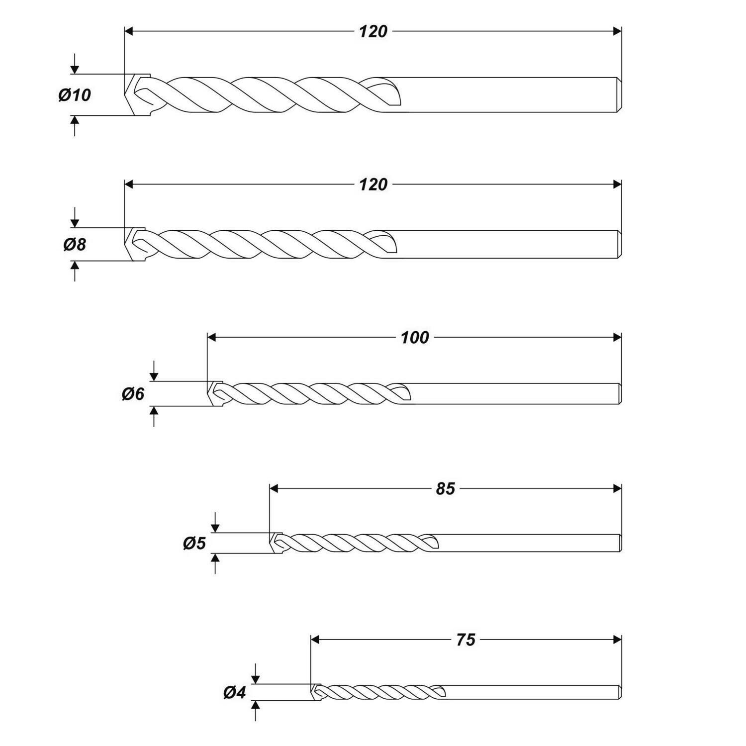 Standard Betonbohrer Satz 5 tgl. Ø 4 - 5 - 6 - 8 - 10 mm