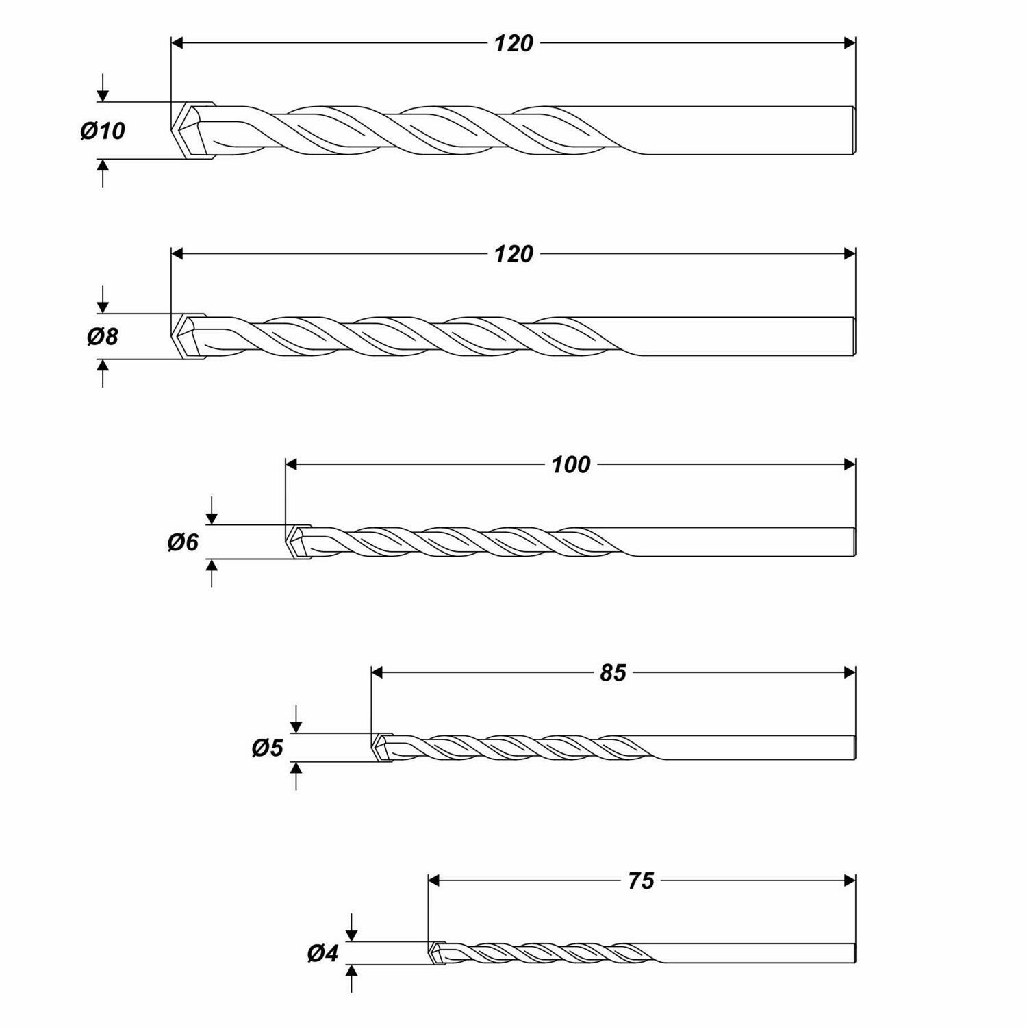 Universal Betonbohrer Satz 5 tgl. Ø 4 - 5 - 6 - 8 - 10 mm