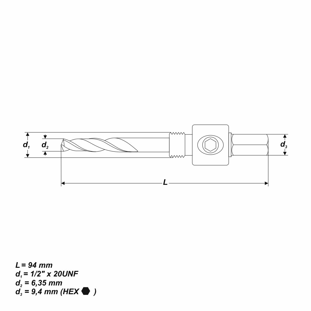 Ø 9,4 mm Aufnahmeschaft für Bohrkrone mit Gewinde 1/2" x 20 UNF