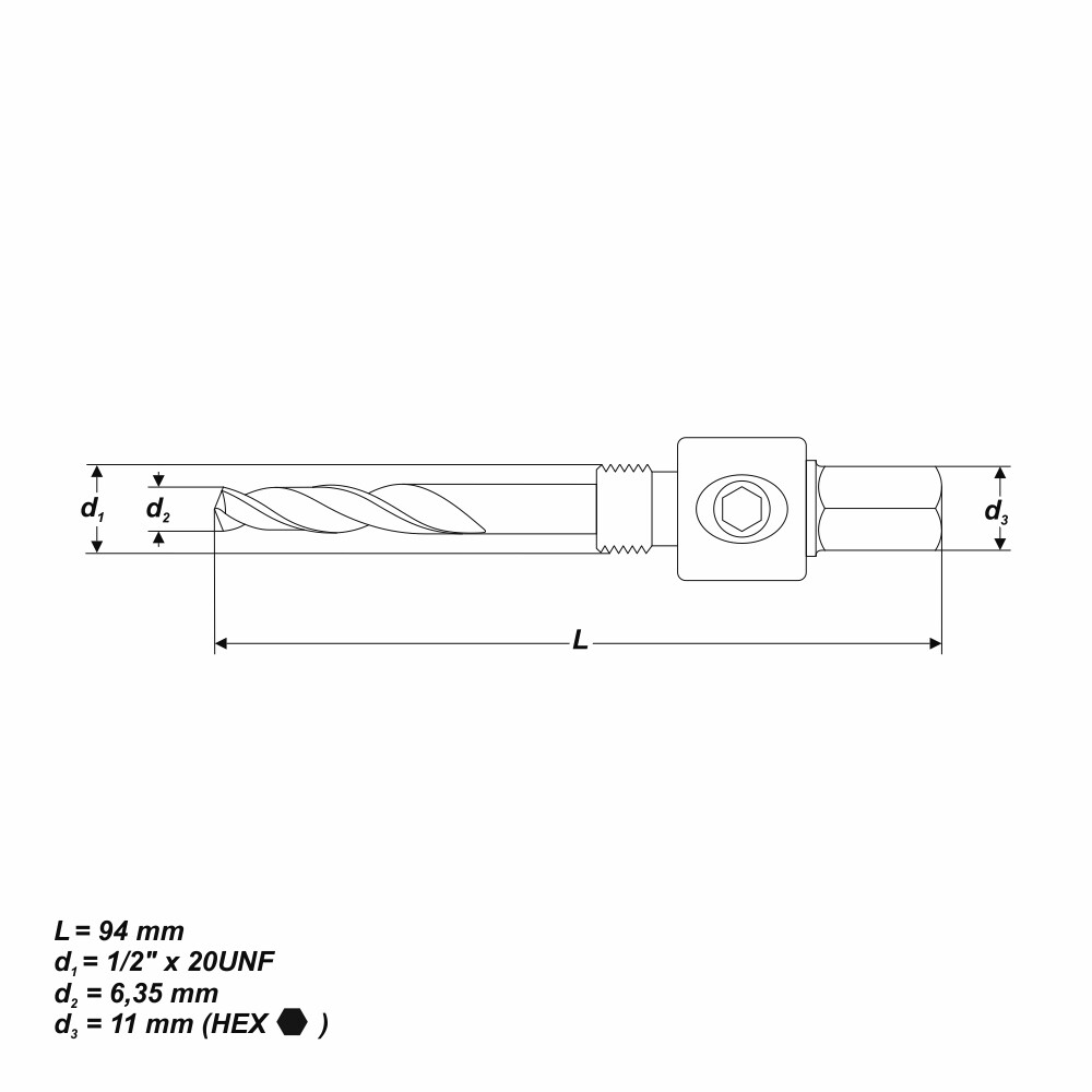 Ø 11 mm Aufnahmeschaft für Bohrkrone mit Gewinde 1/2" x 20 UNF