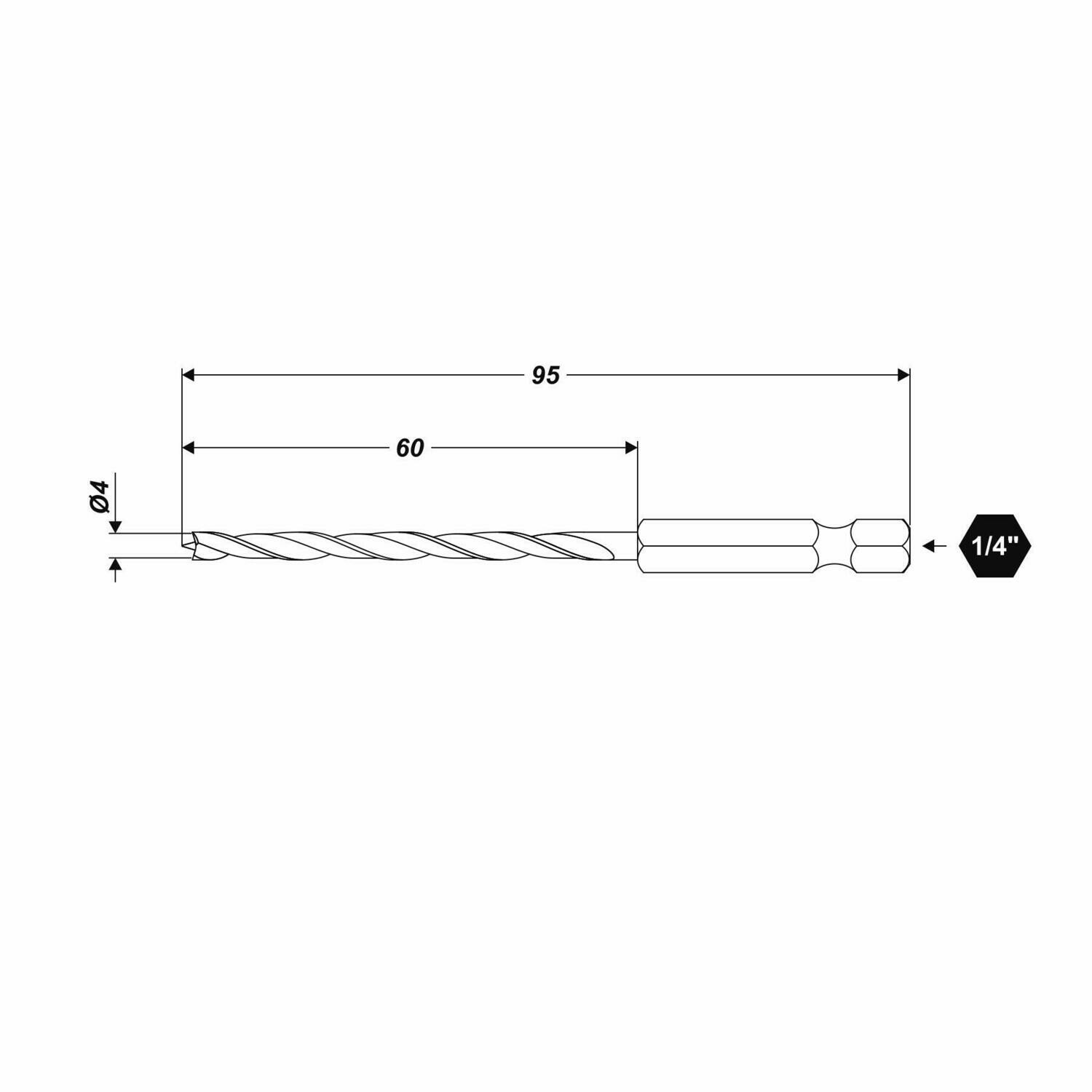 Ø 4 x 95 mm Holzbohrer mit HEX 1/4" Aufnahmeschaft Bohrer Bitbohrer
