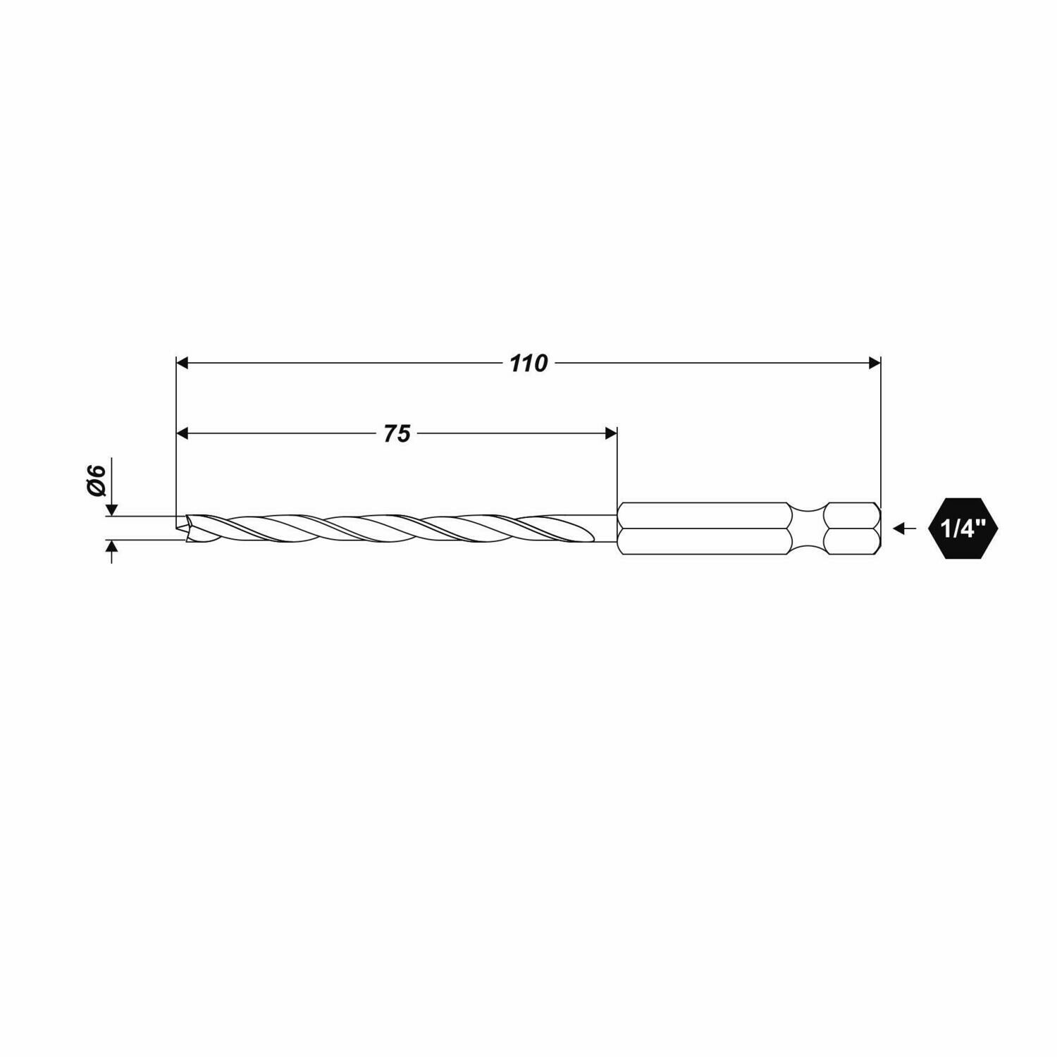 Ø 6 x 110 mm Holzbohrer mit HEX 1/4" Aufnahmeschaft Bohrer Bitbohrer