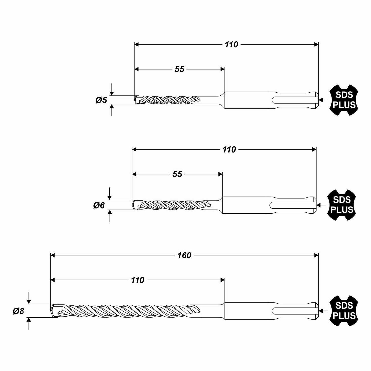 SDS Plus Bohrer Satz 3 tgl. inkl: 5 x 100 mm 6 x 110 mm 8 x 160 mm
