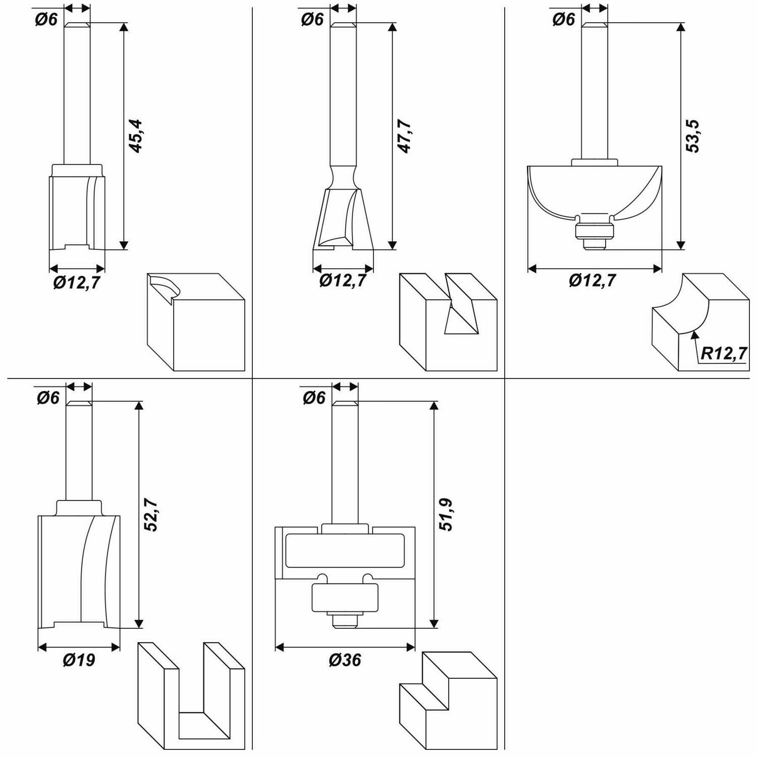 HM Fräsersatz 5 tgl - 6 mm Nutfräser Fräser für Oberfräse Holzfräser Oberfräser