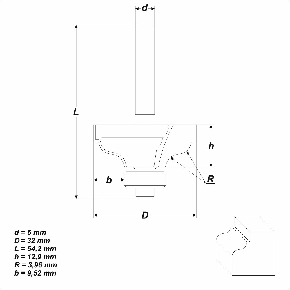 HM Profilfräser R 3,96 mm Ø 32 mm Schaft 6 mm Profilmesserkopf Holzfräser Fräser