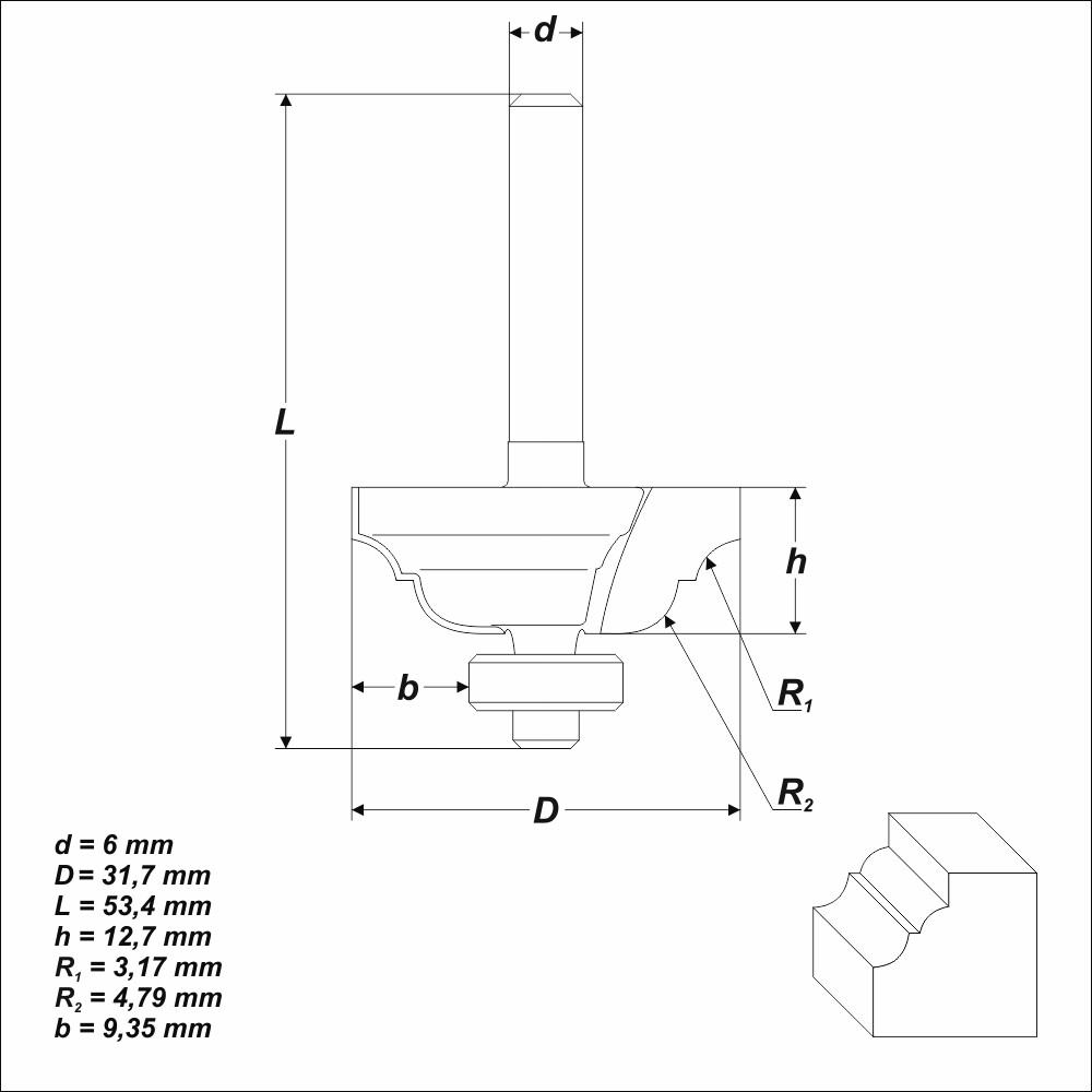 HM Profilfräser R 3,17 mm Ø 31,7 mm Schaft 6 mm Profilmesserkopf Holzfräser Fräs