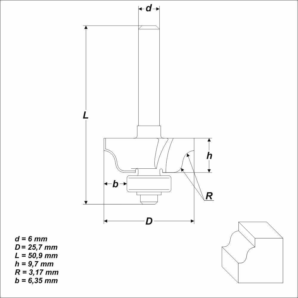 HM Profilfräser R 3,17 mm Ø 25,7 mm Schaft 6 mm Profilmesserkopf Holzfräser Fräs
