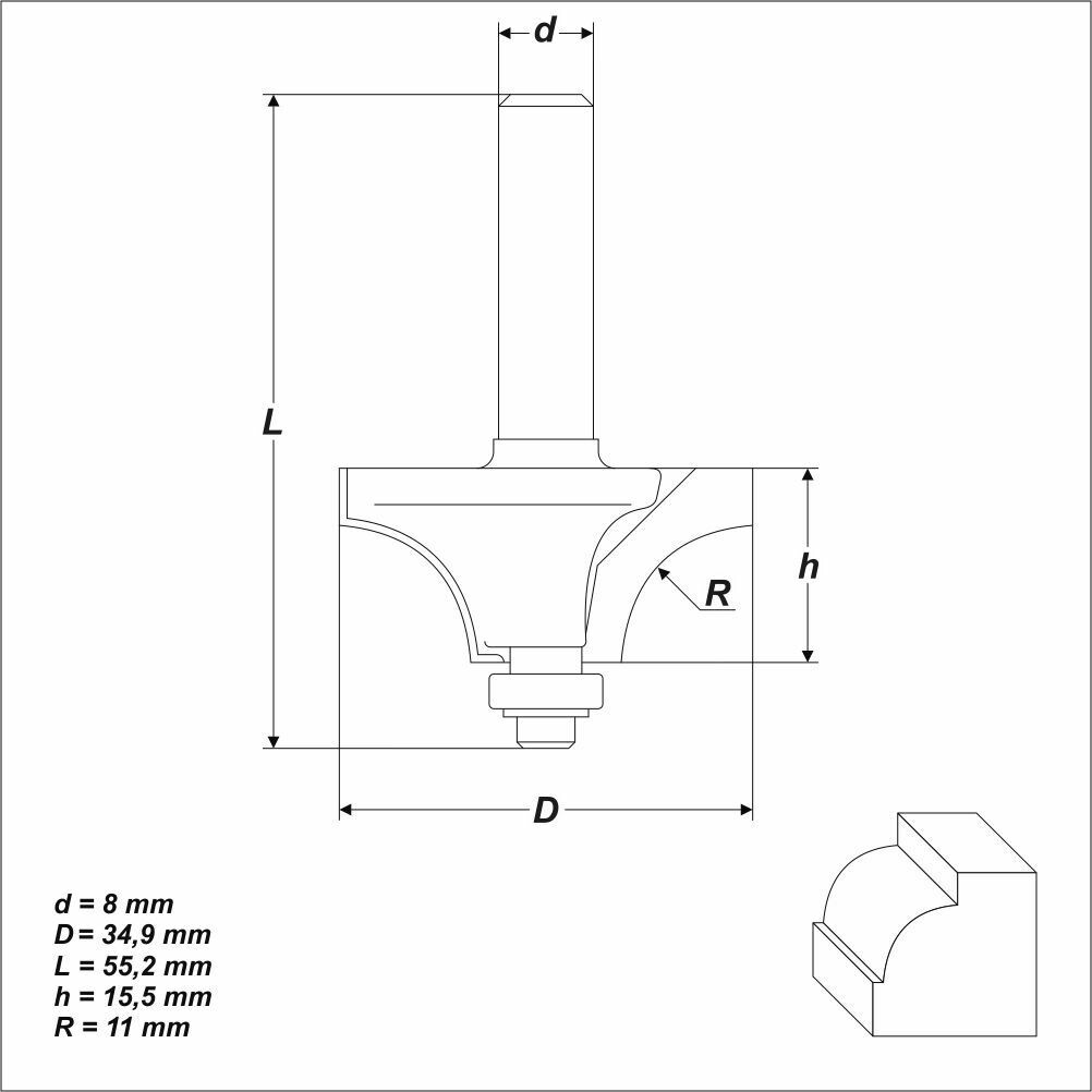 HM Abrundfräser R 11 mm Ø 34,9 mm Schaft 8 mm Viertelstabfräser Radienfräser