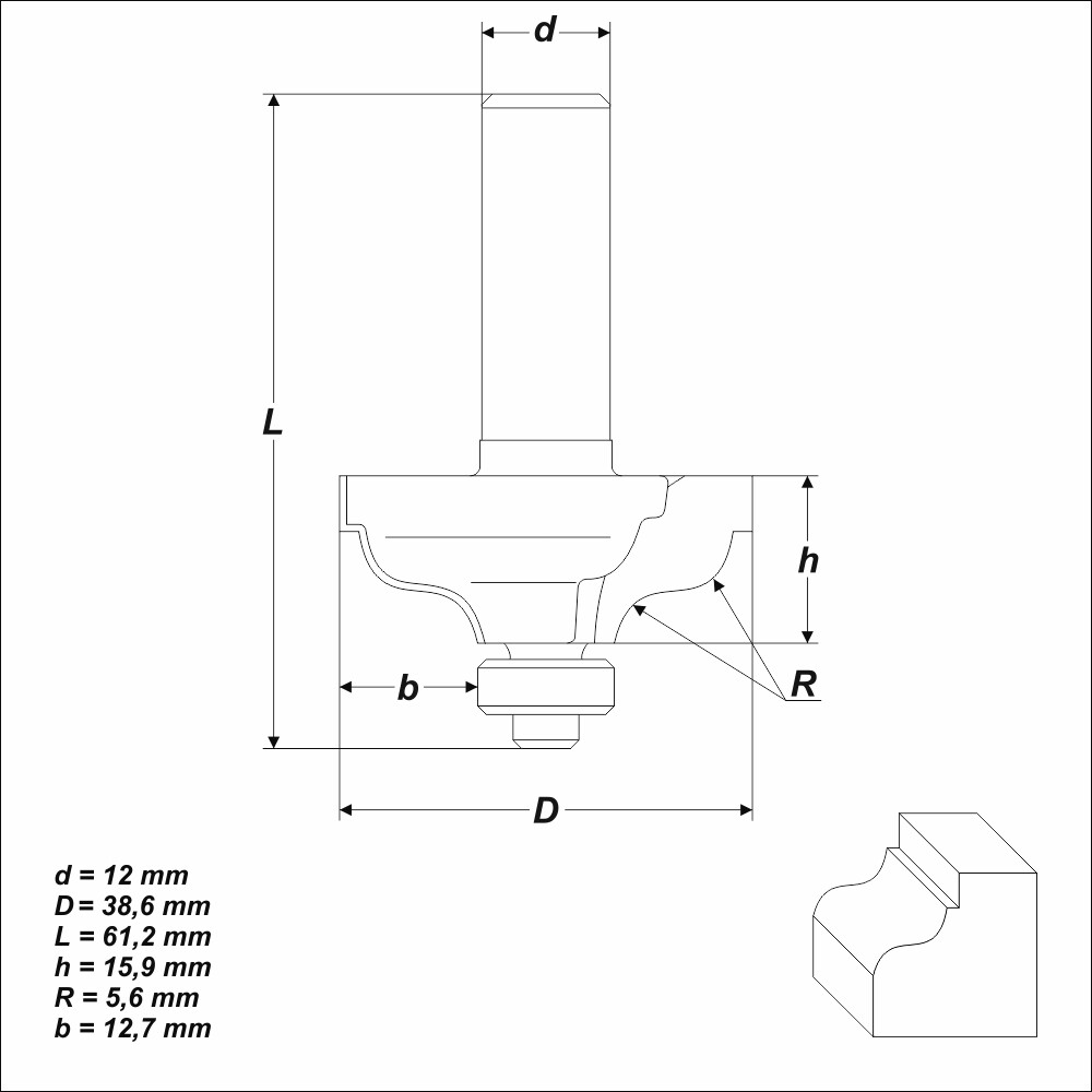 HM Profilfräser R 5,6 mm Ø 38,6 mm Schaft 12 mm Profilmesserkopf Holzfräser Fräs
