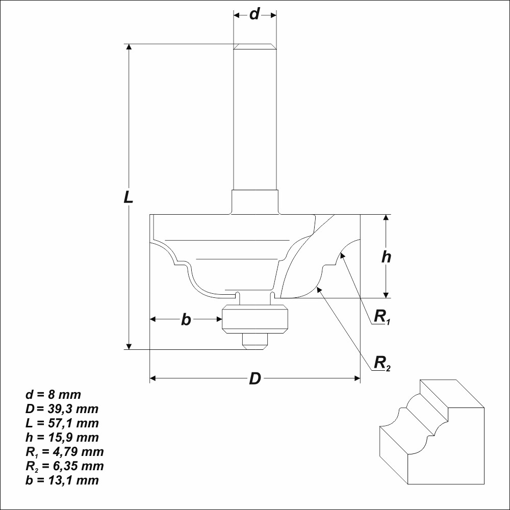HM Profilfräser R 4,76 mm Ø 39,3 mm Schaft 8 mm Profilmesserkopf Holzfräser Fräs