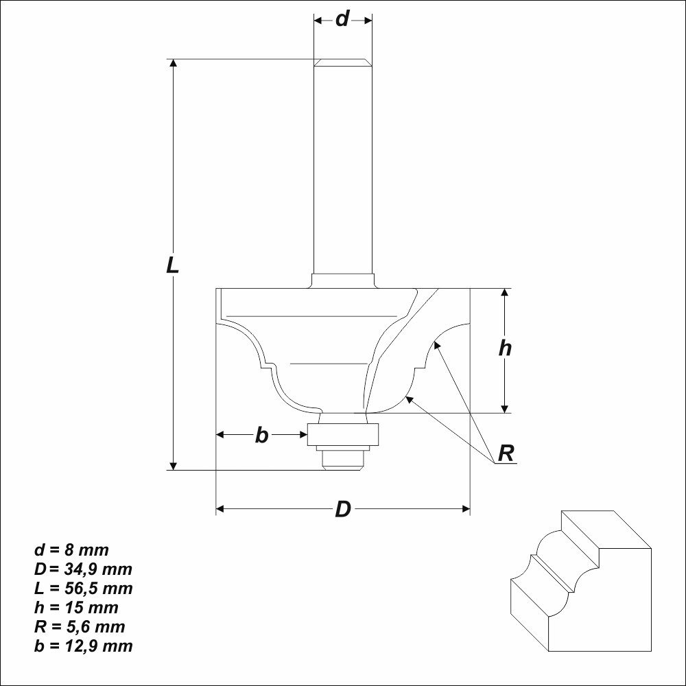 HM Profilfräser R 5,6 mm Ø 34,9 mm Schaft 8 mm Profilmesserkopf Holzfräser Fräse