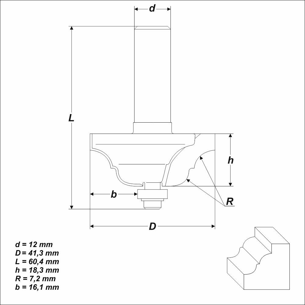 HM Profilfräser R 7,2 mm Ø 41,3 mm Schaft 12 mm Profilmesserkopf Holzfräser Fräs