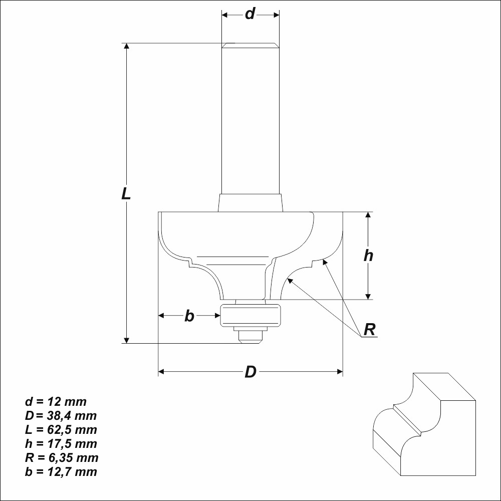 HM Profilfräser R 6,35 mm Ø 38,4 mm Schaft 12 mm Profilmesserkopf Holzfräser Frä