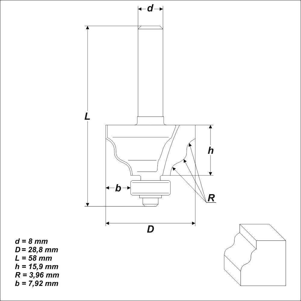 HM Profilfräser R 3,96 mm Ø 28,8 mm Schaft 8 mm Profilmesserkopf Holzfräser Fräs