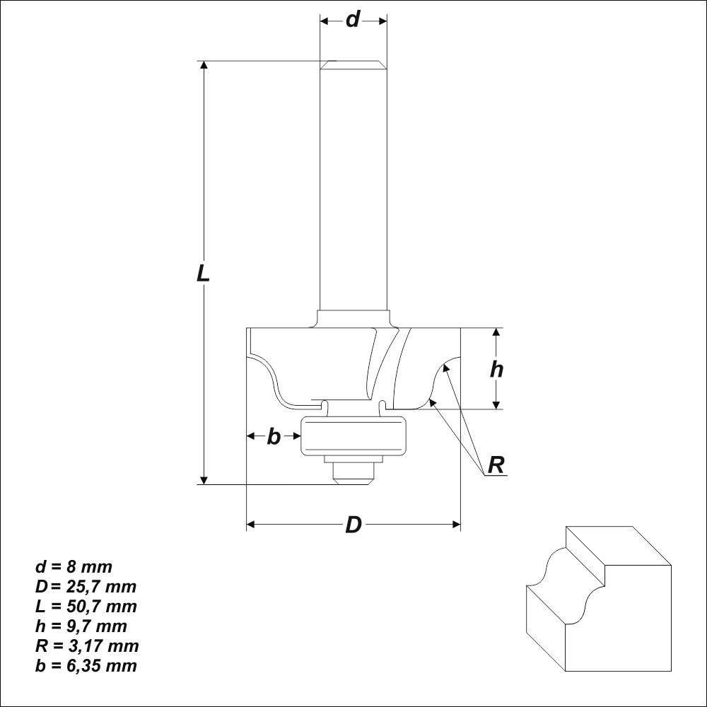 HM Profilfräser R 3,17 mm Ø 25,7 mm Schaft 8 mm Profilmesserkopf Holzfräser Fräs