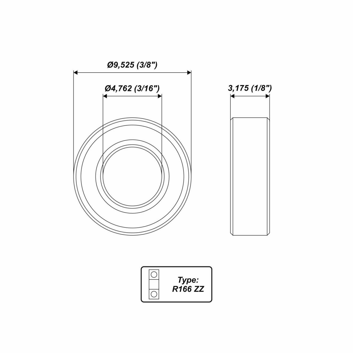 Kugellager 9,52 x 4,76 x 3,17 mm (3/8" x 3/16" x 1/8") R166 ZZ Rillenkugellager