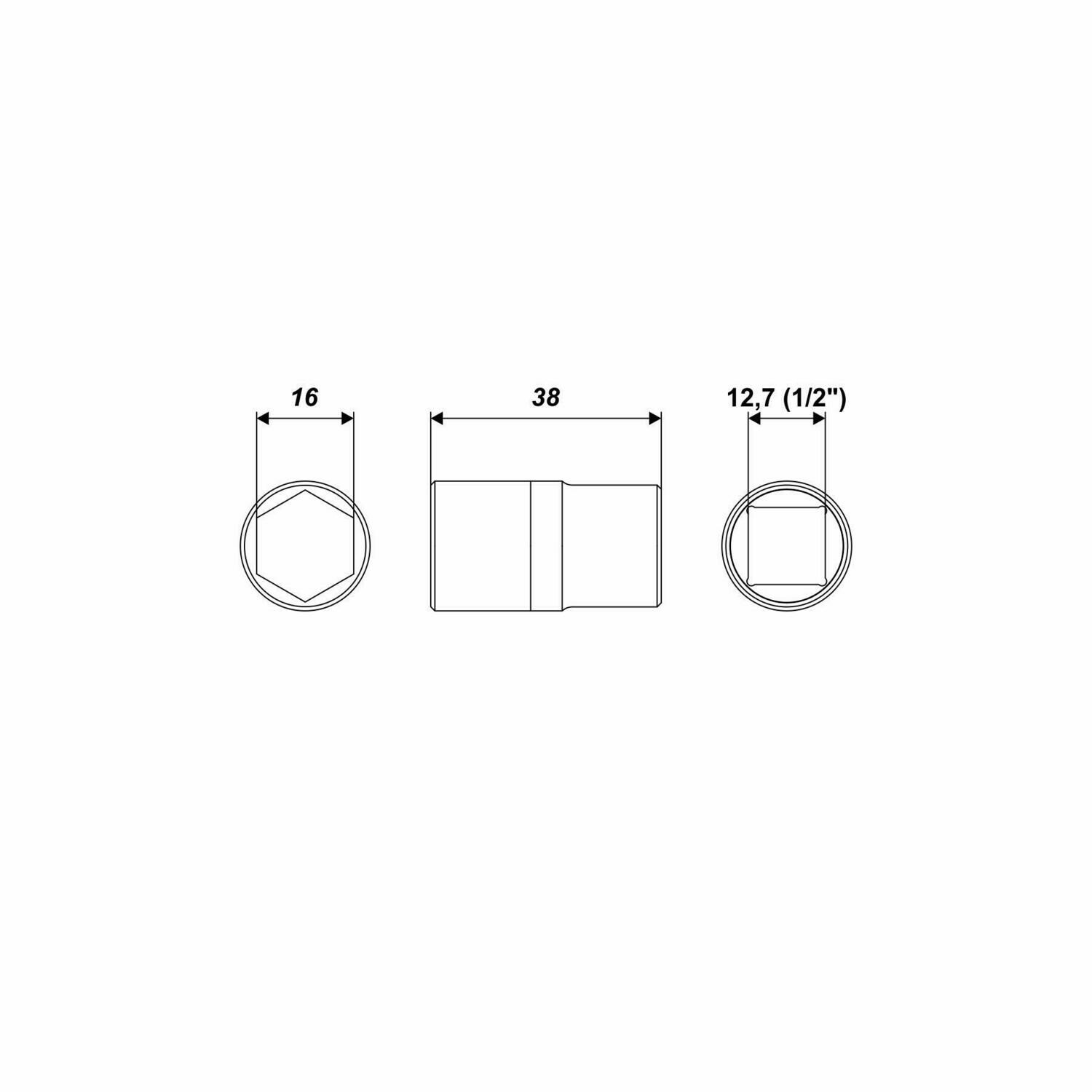 16 mm Steckschlüssel Einsatz sechskant Nuss Länge 38 mm Aufnahme 1/2 Zoll