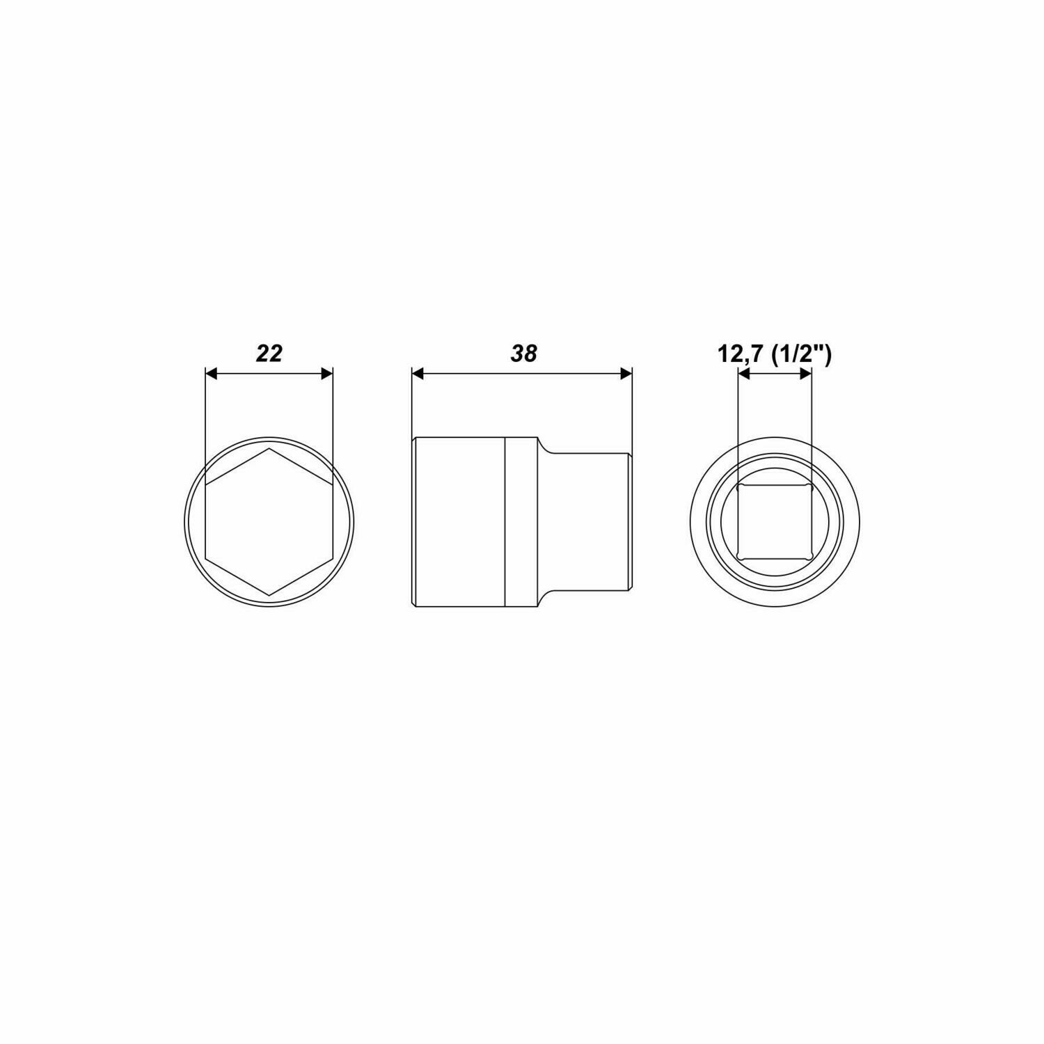 22 mm Steckschlüssel Einsatz sechskant Nuss Länge 38 mm Aufnahme 1/2 Zoll