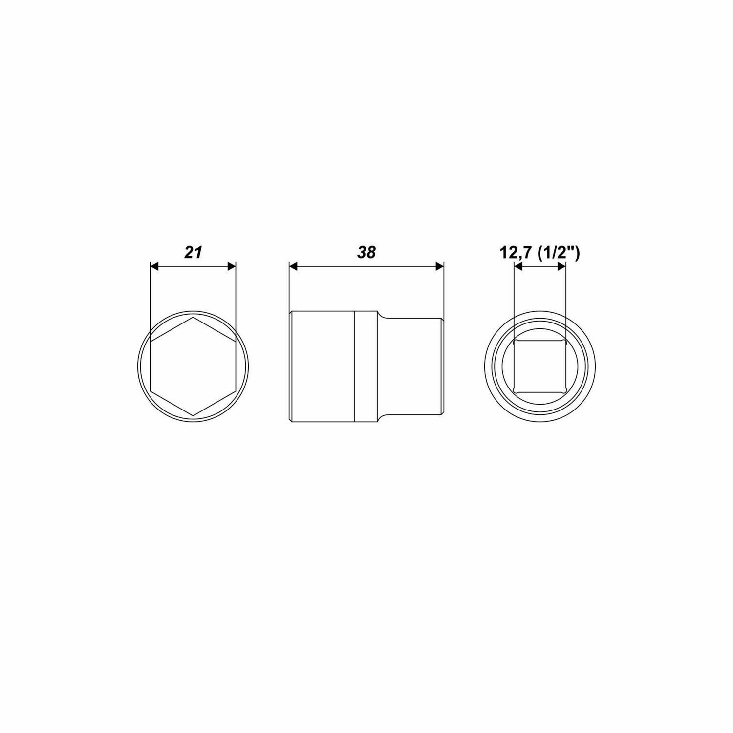 21 mm Steckschlüssel Einsatz sechskant Nuss Länge 38 mm Aufnahme 1/2 Zoll