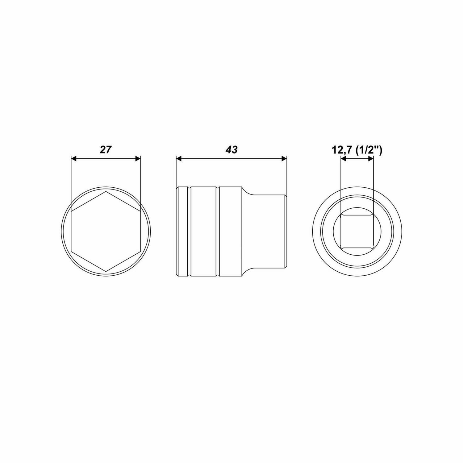 27 mm Steckschlüssel Einsatz sechskant Nuss Länge 43 mm Aufnahme 1/2 Zoll