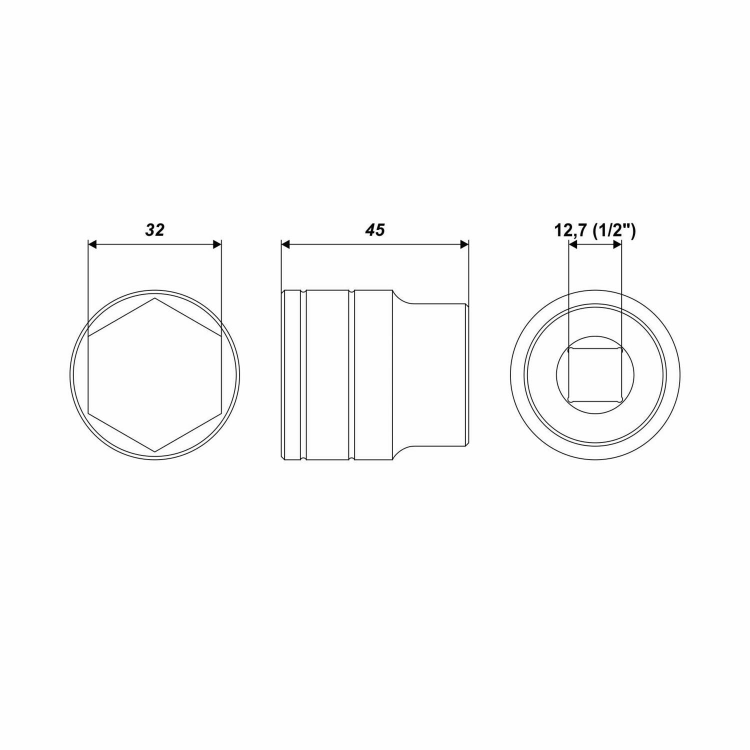32 mm Steckschlüssel Einsatz sechskant Nuss Länge 45 mm Aufnahme 1/2 Zoll