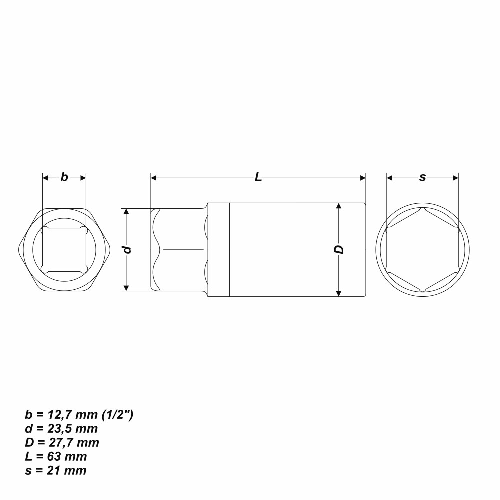21 mm Steckschlüssel Einsatz sechskant Nuss Länge 63 mm Aufnahme 1/2 Zoll