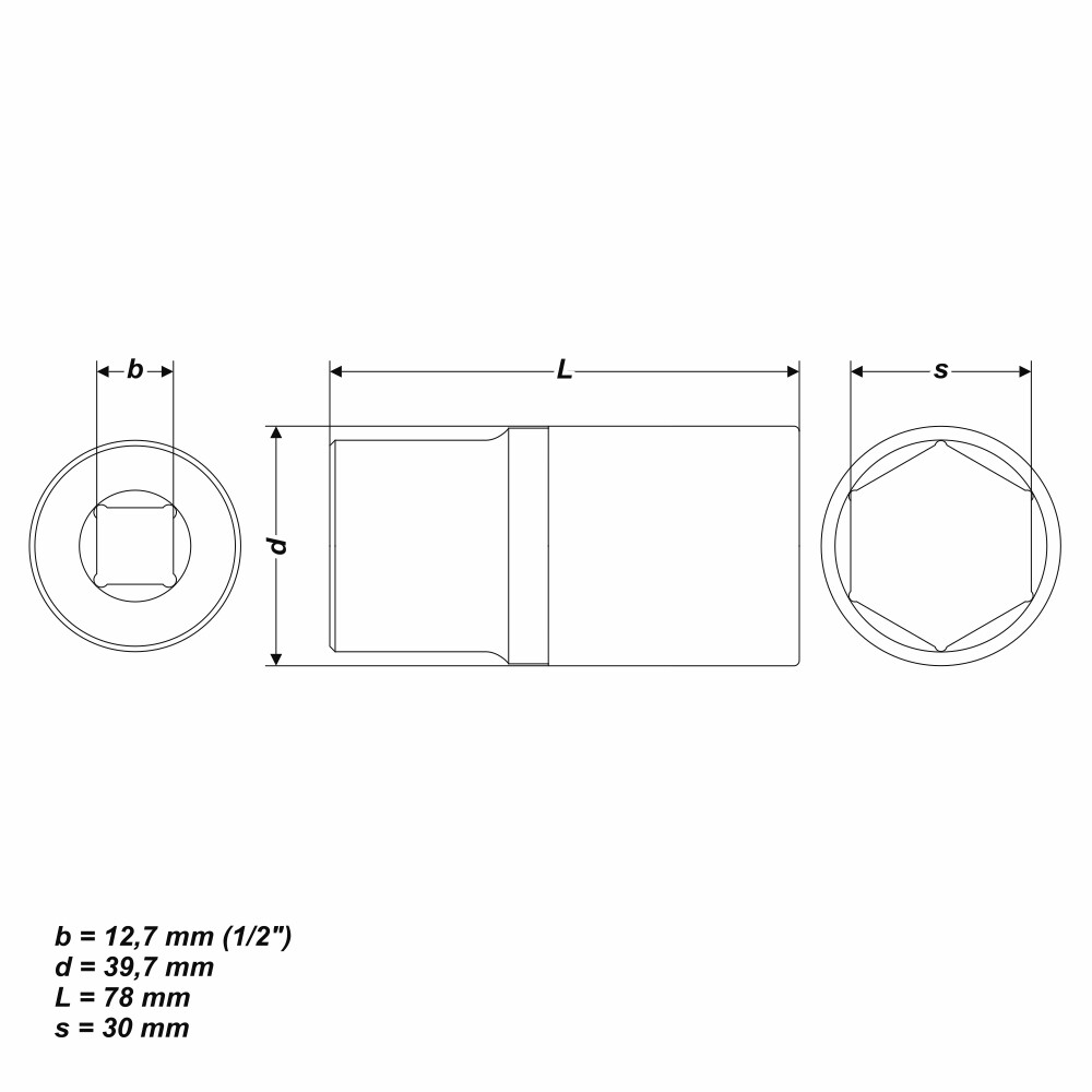 30 mm Steckschlüssel Einsatz sechskant Nuss Länge 78 mm Aufnahme 1/2 Zoll