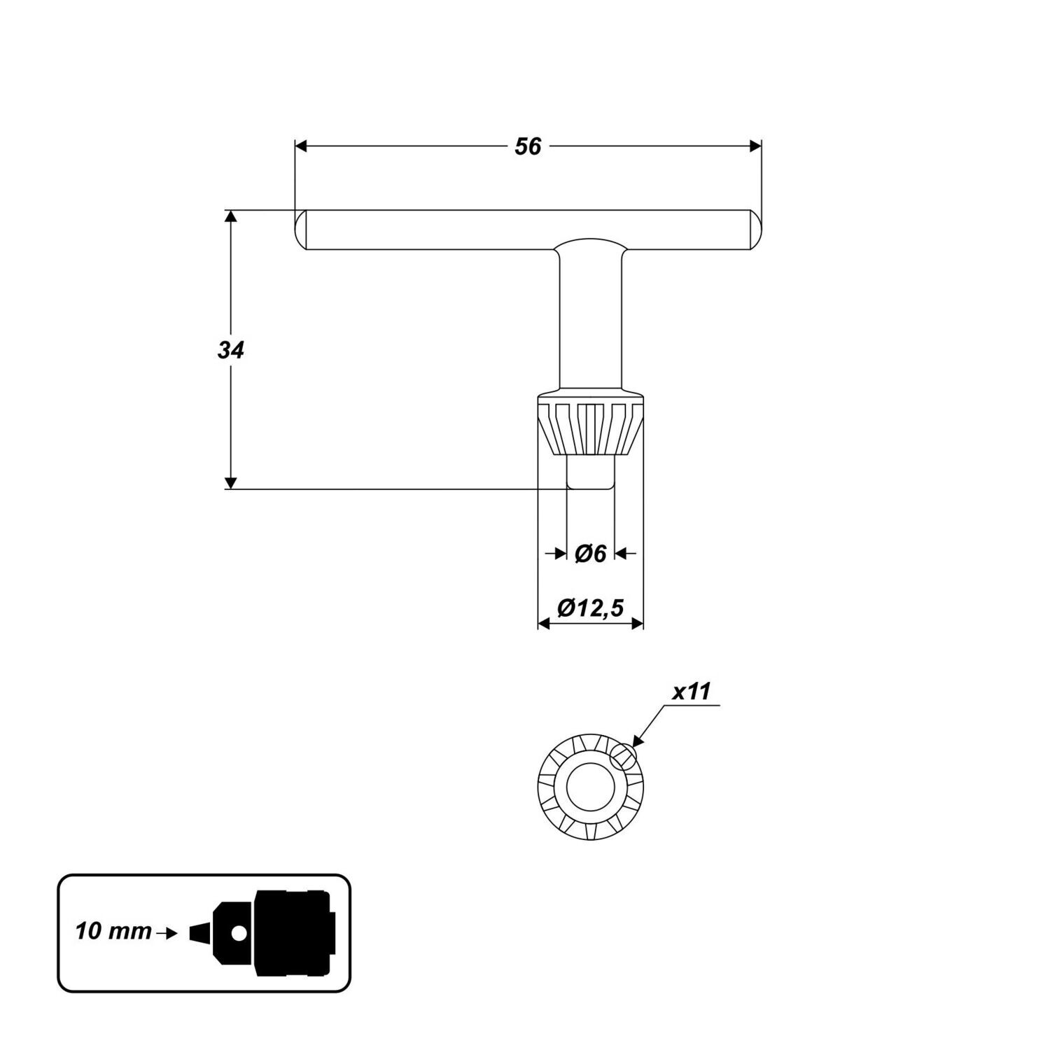Bohrfutterschlüssel 10 mm 11 Zähne 6 mm für 1,5-10 mm Bohrfutter