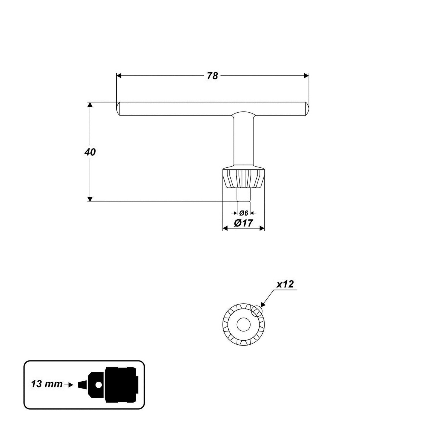Bohrfutterschlüssel 13 mm 12 Zähne 6 mm für 1,0-13 mm Bohrfutter