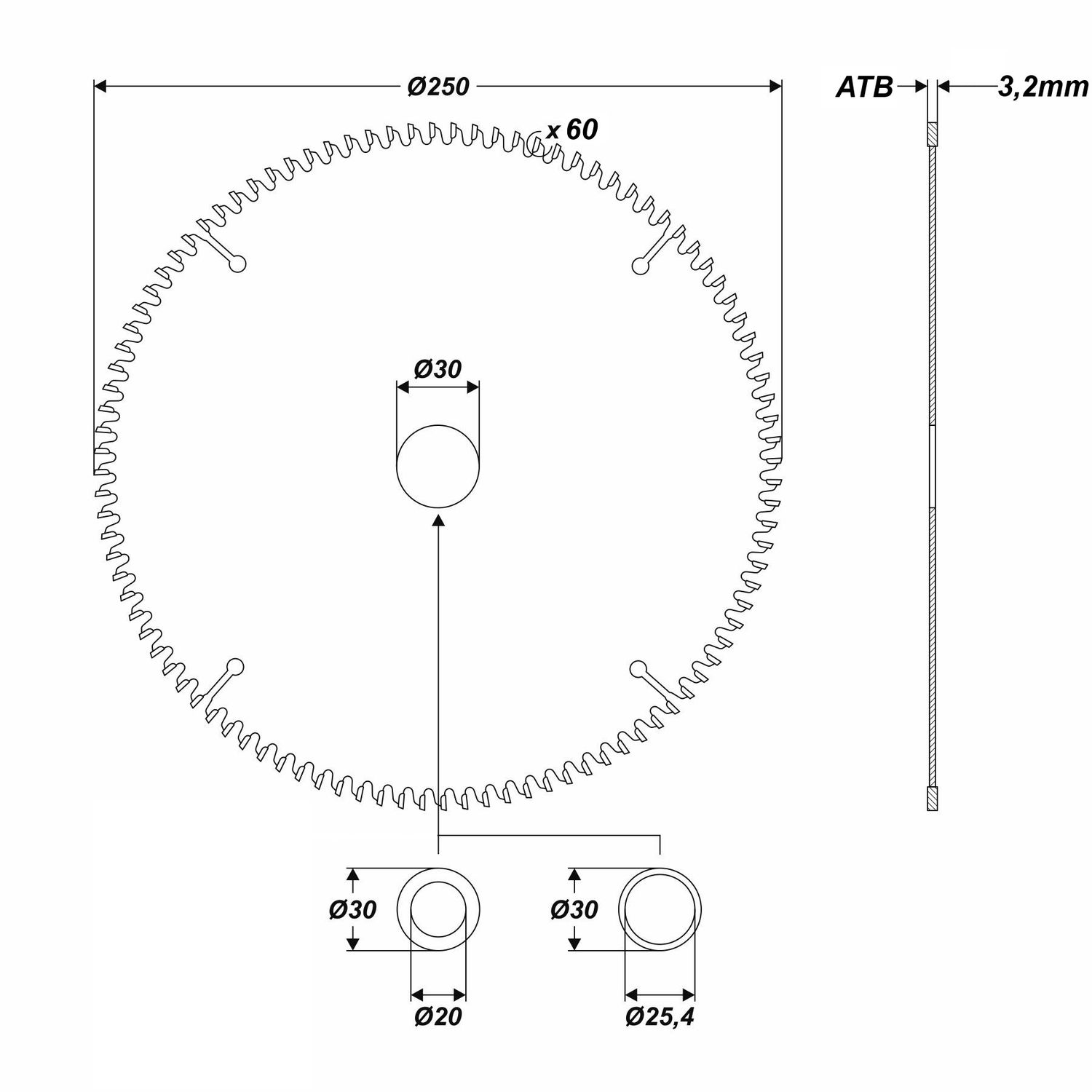 HM Kreissägeblatt Ø 250 x 30 / 25,4 / 20 / 16 mm 60 Zähne Sägeblatt für Holz ATB