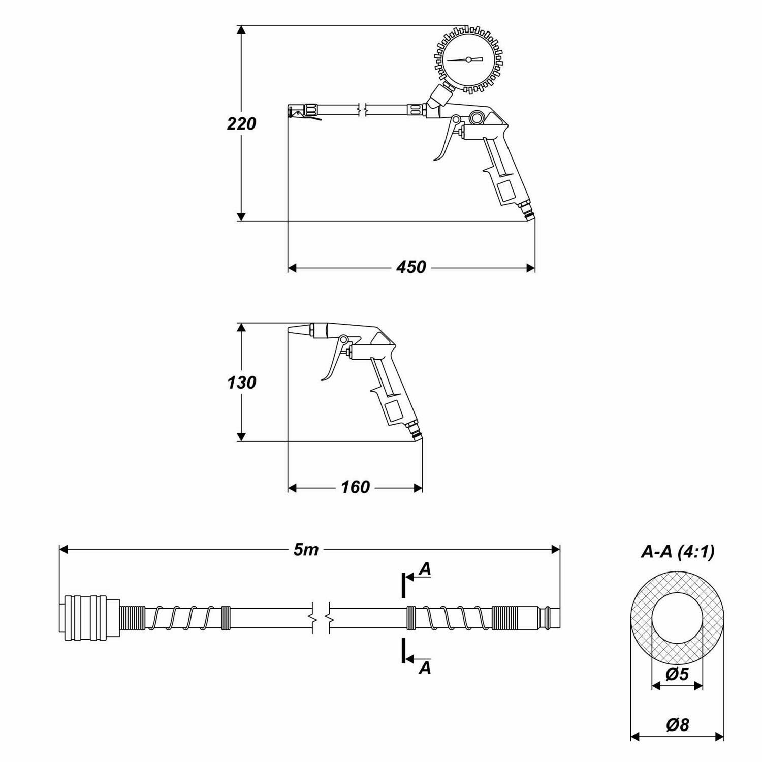 Druckluft Set 3 teilig 5 Meter 12 bar Pistole Schlauch Reifenfüller Manometer
