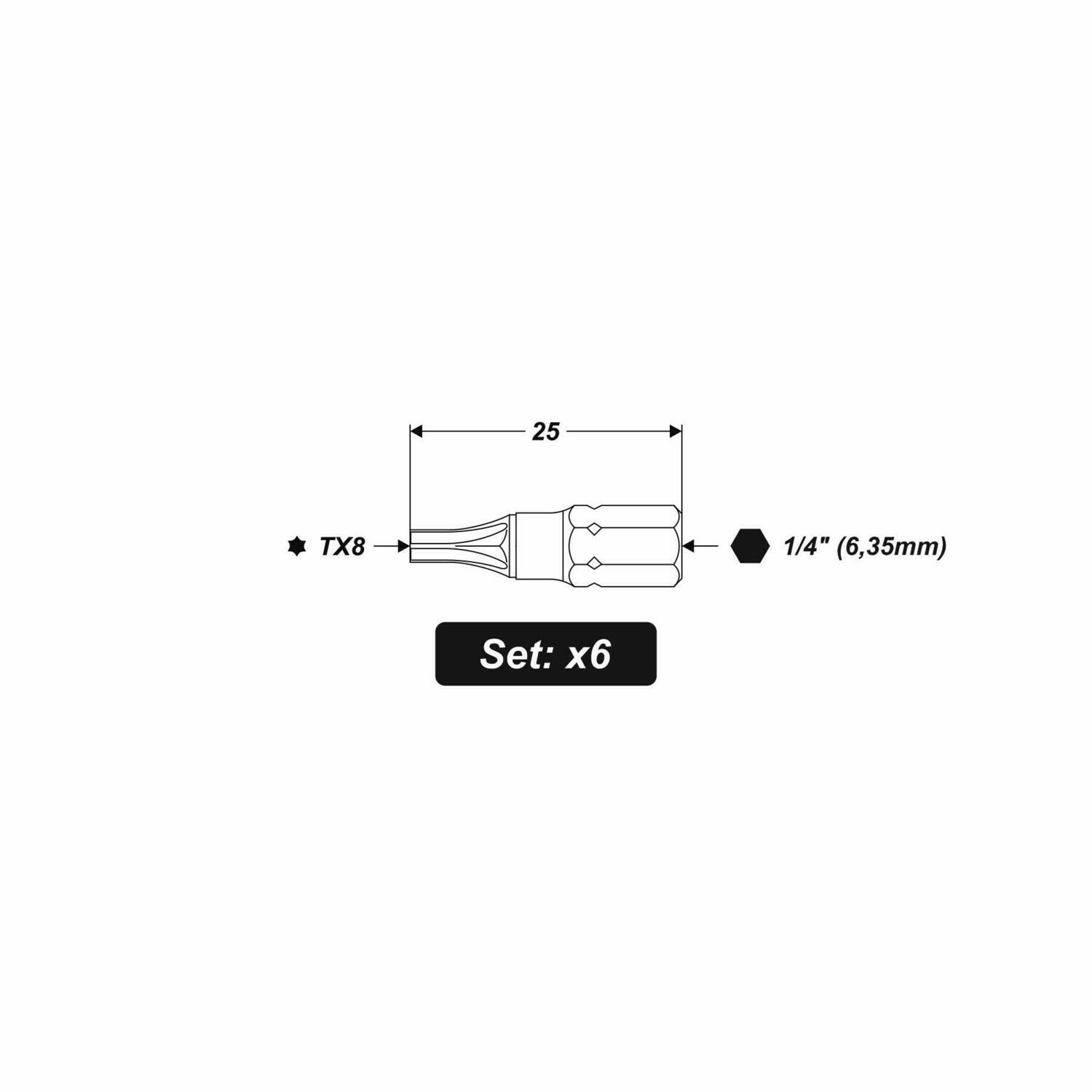 Torx TX8 Bits 25 mm – 6er Set 1/4 Zoll S2 Stahl Schrauberbit T8