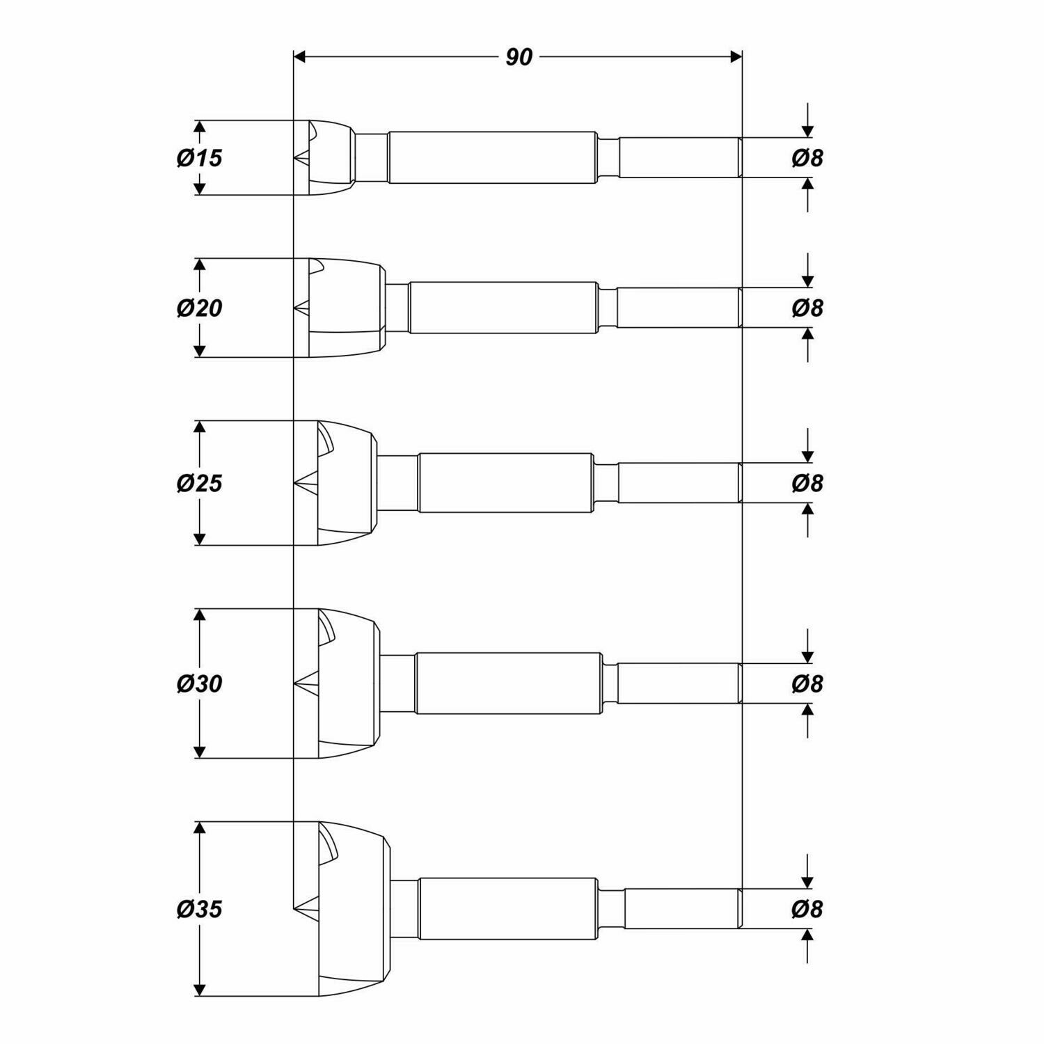 Forstnerbohrer Satz Ø 15, 20, 25, 30, 35 mm Schaft 8 mm Topfbohrer Holzbohrer