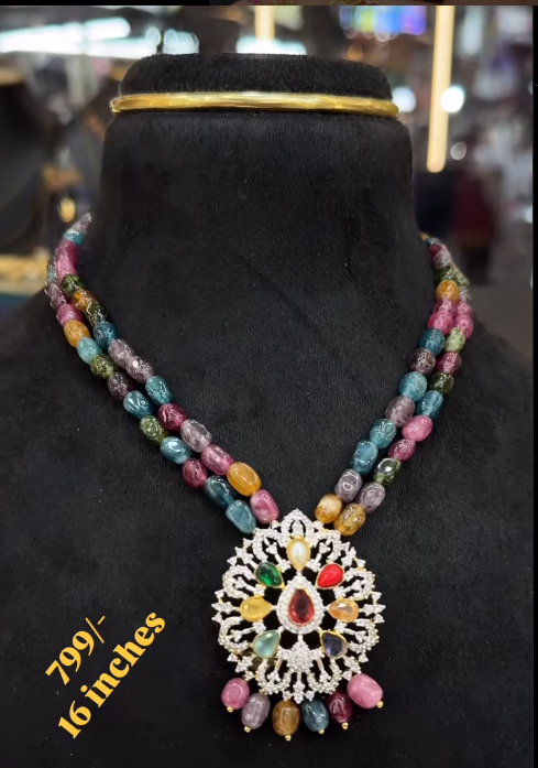 2-Steps Multi Color Beads  Chain with Navaratna locket